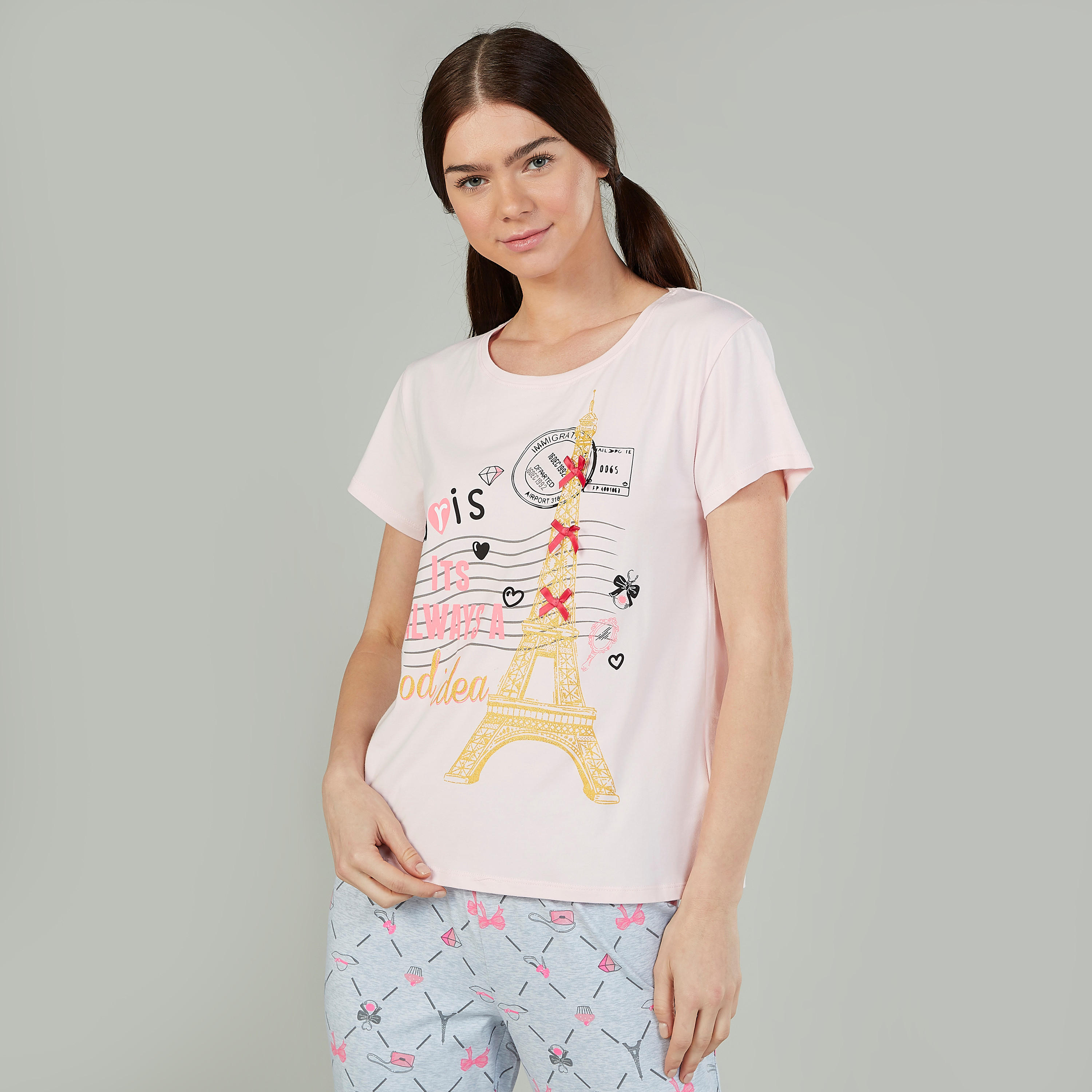 طقم بنطلون بيجاما وقناع للعينين وتيشيرت بياقة مستديرة وطبعات-women-clothing-nightwear-pyjamas-longsets-image-5