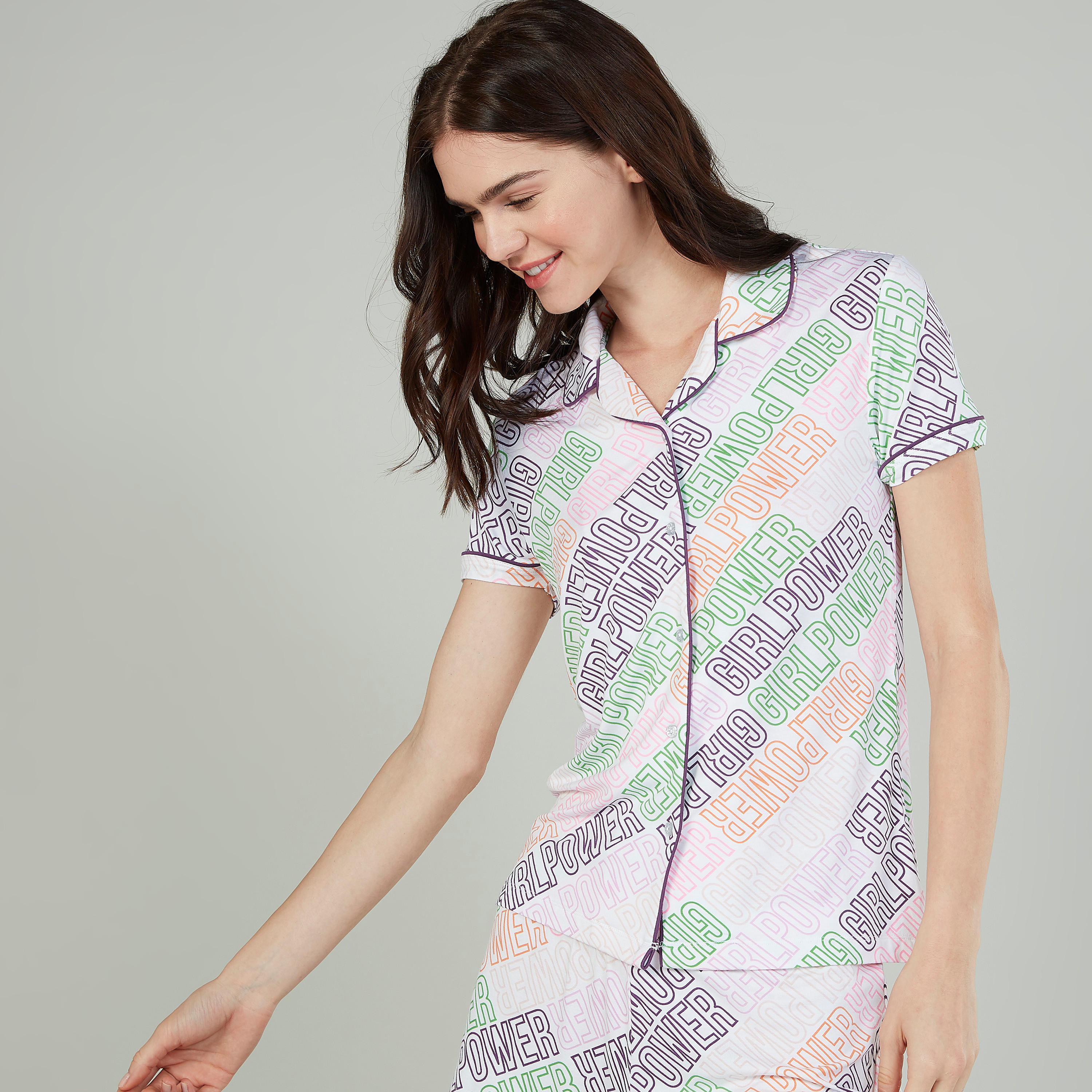 Printed Short Sleeves Shirt with Shorts-women-clothing-nightwear-pyjamas-longsets-image-3