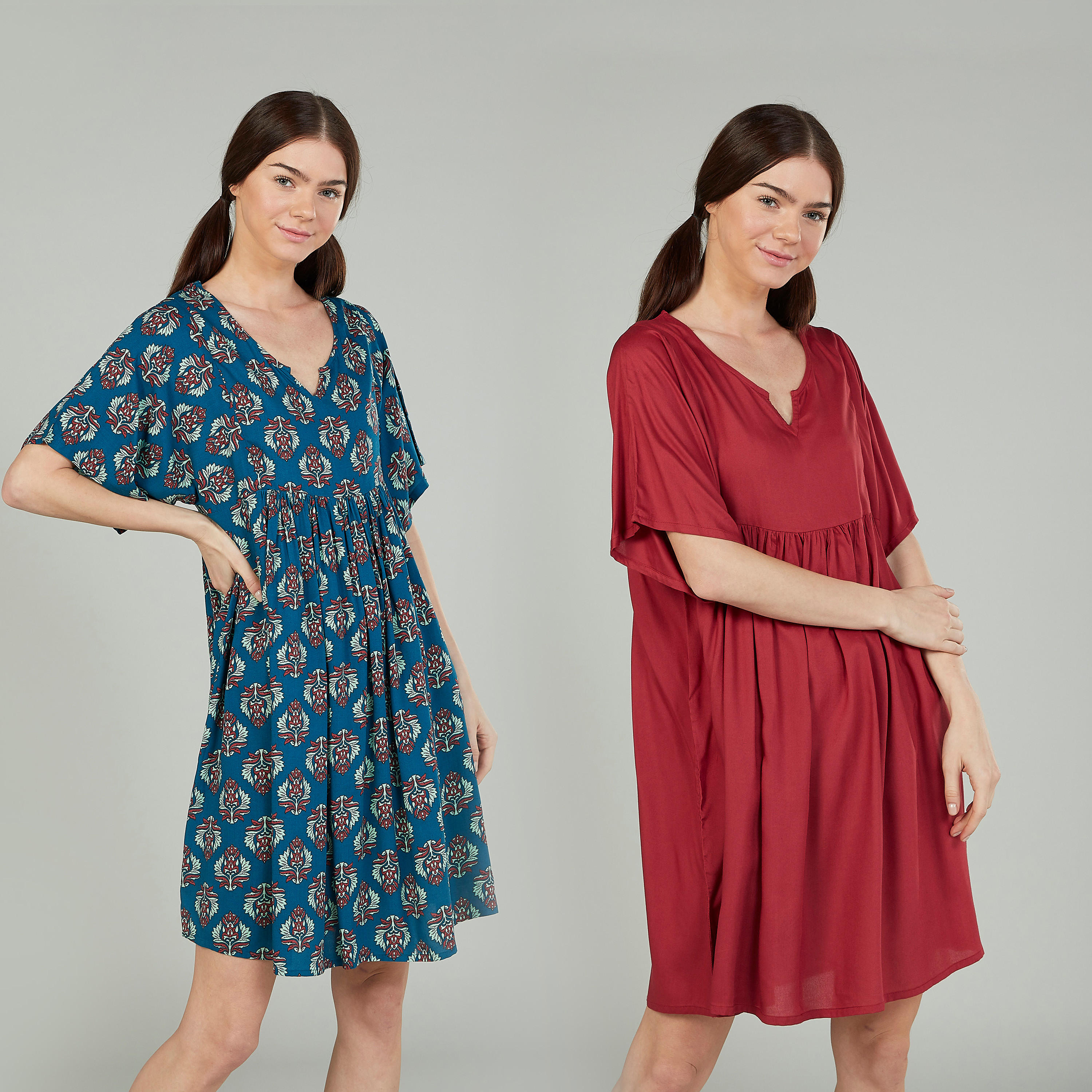 Set of 2 - Assorted Sleep Dress with V-neck and Short Sleeves-women-clothing-nightwear-nighties-image-1