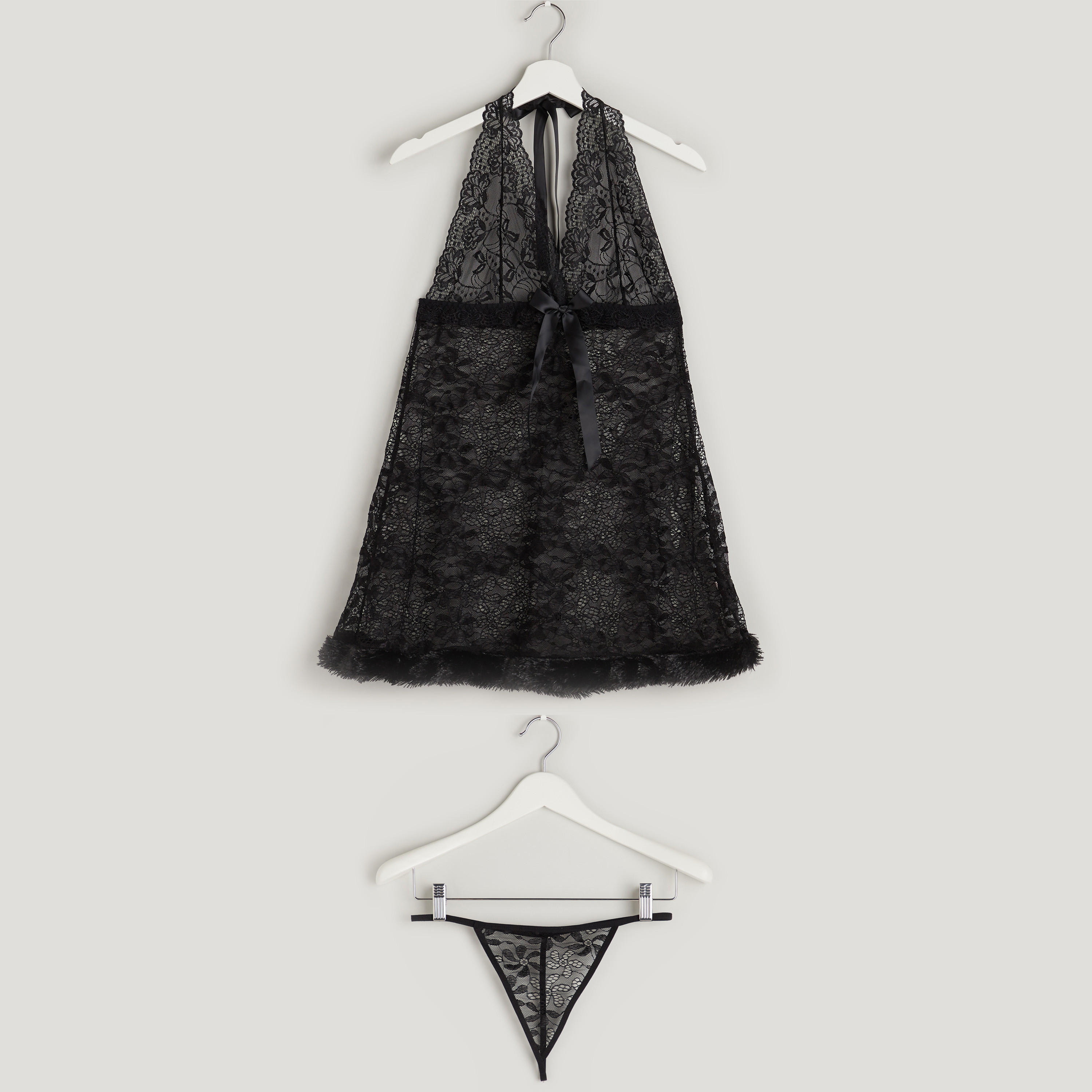 فستان دانتيل بياقة V مع ثونج-women-clothing-lingerie-babydollsandbodysuits-image-1