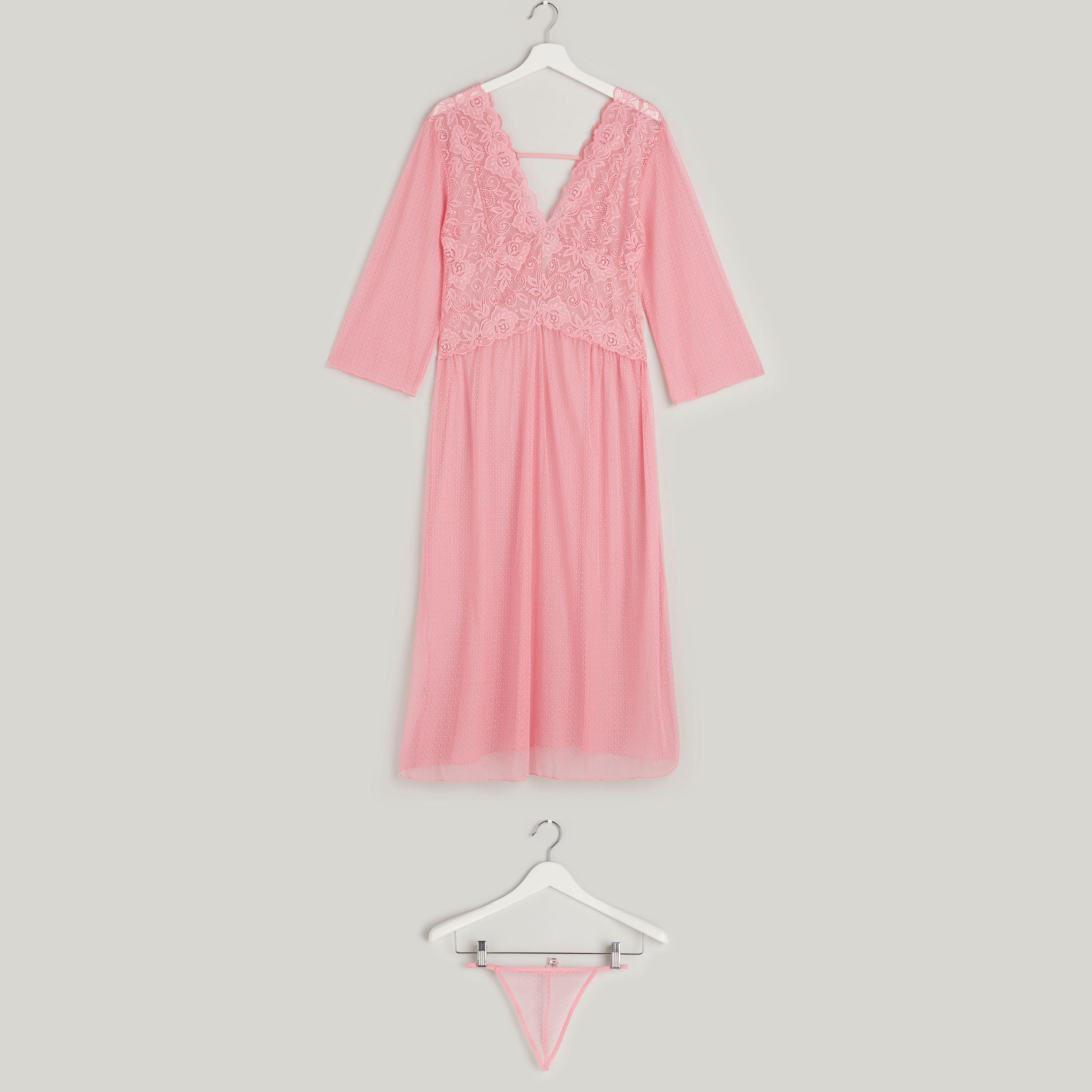فستان نوم بأكمام طويلة بياقة v مع ثونج-women-clothing-nightwear-nighties-image-1