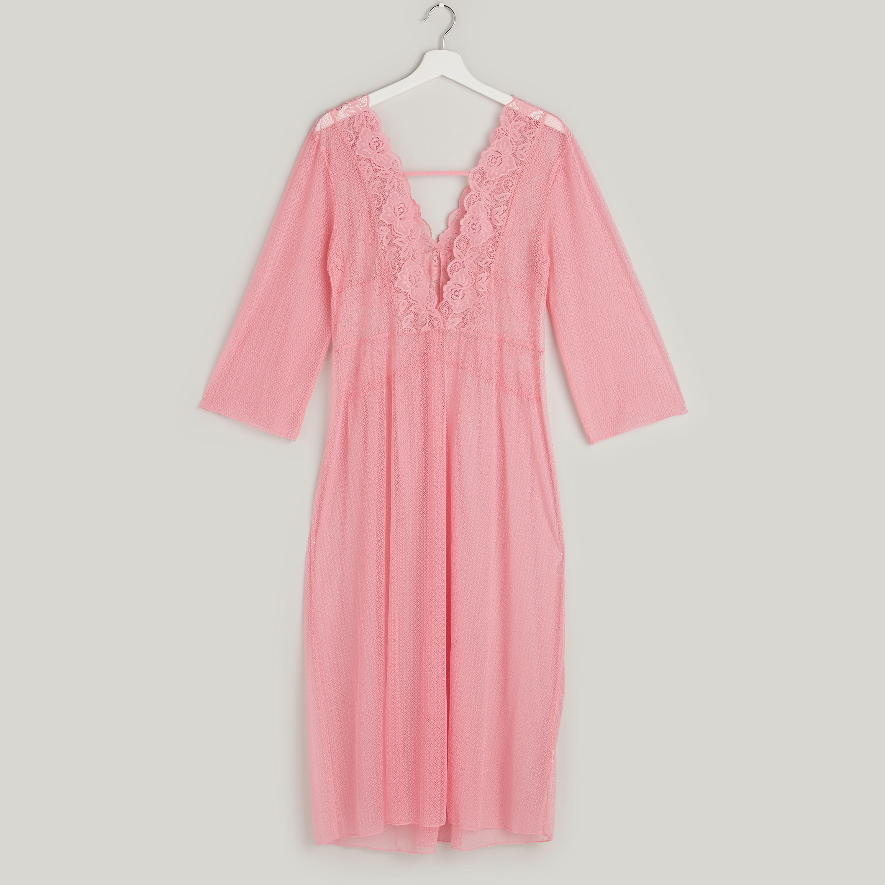 فستان نوم بأكمام طويلة بياقة v مع ثونج-women-clothing-nightwear-nighties-image-4