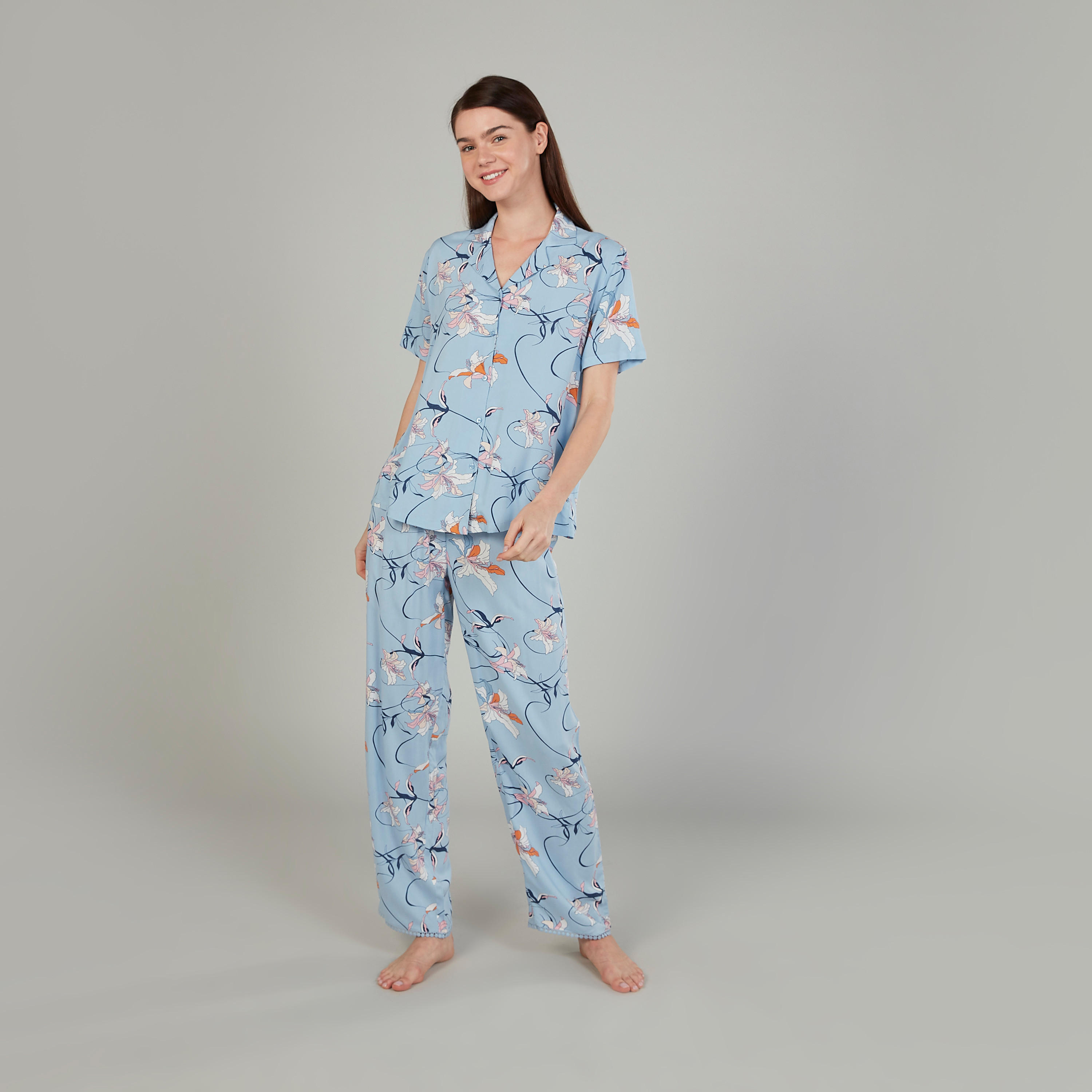 Printed Short Sleeves Shirt and Pyjama Set-women-clothing-nightwear-pyjamas-longsets-image-1