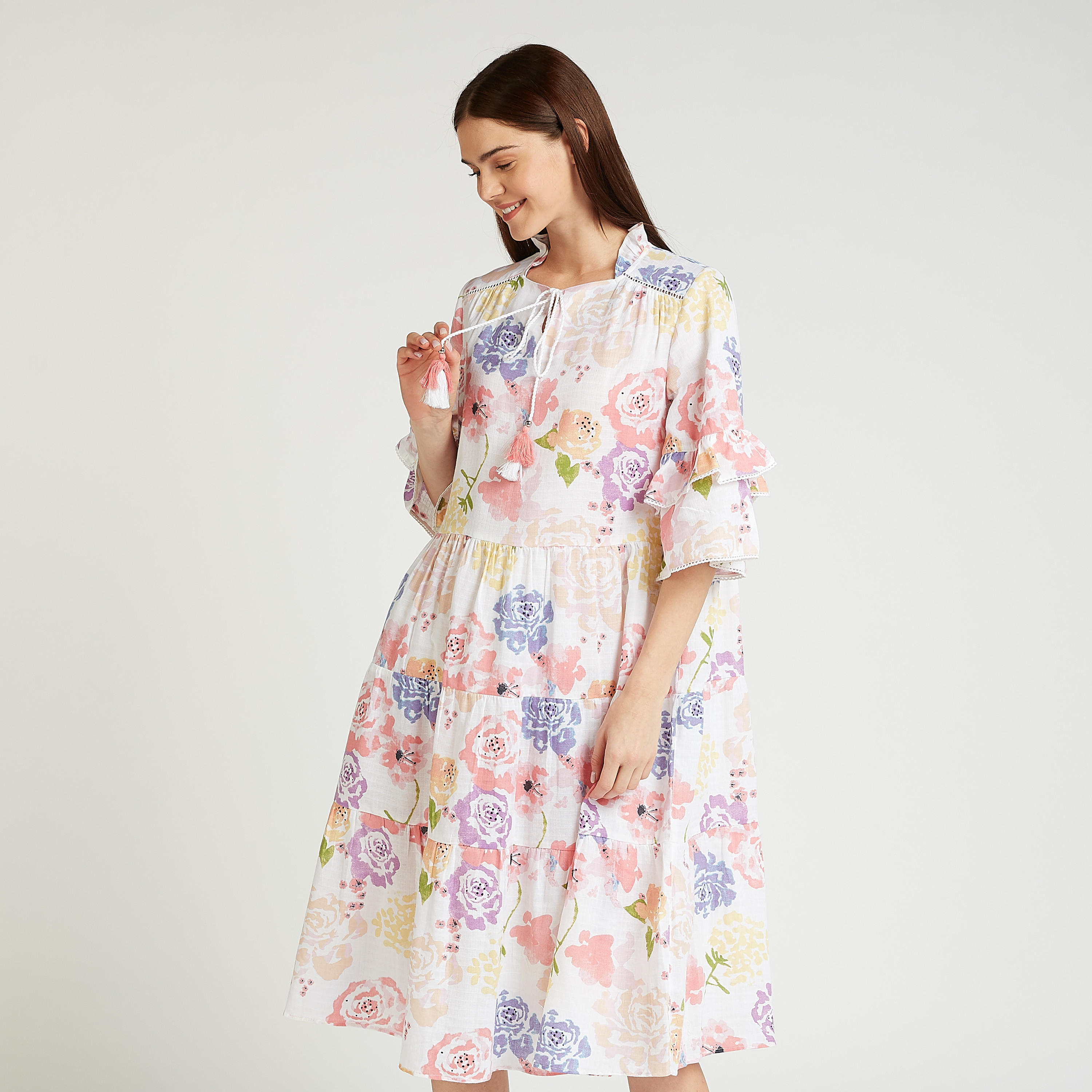 فستان نوم بياقة ماندارين وأكمام 3/4 وطبعات-women-clothing-nightwear-nighties-image-1