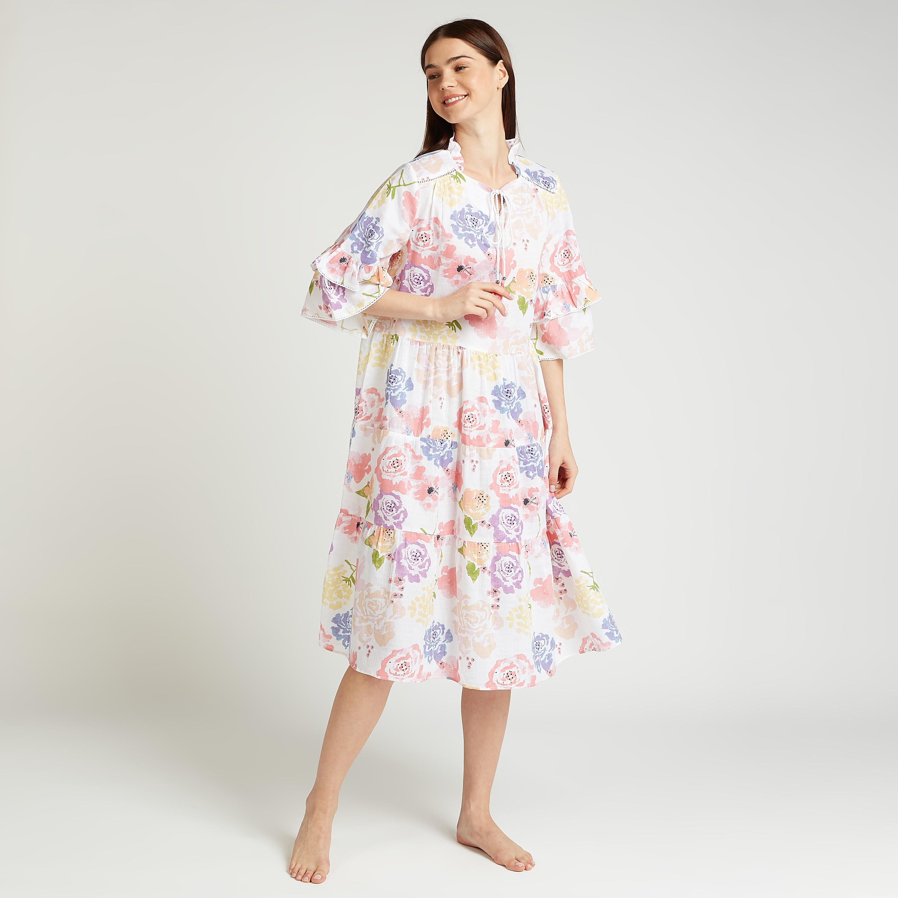 فستان نوم بياقة ماندارين وأكمام 3/4 وطبعات-women-clothing-nightwear-nighties-image-2