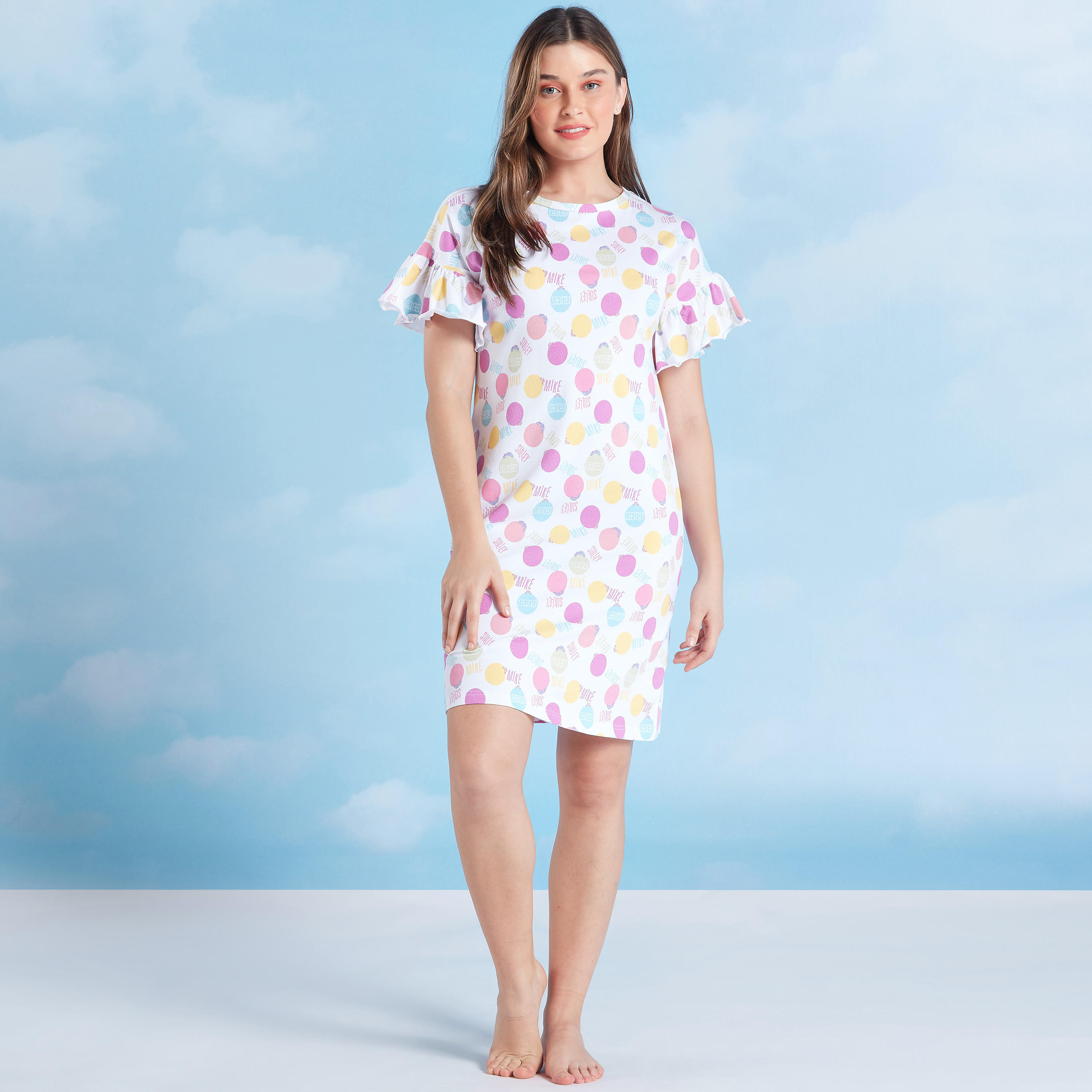 فستان نوم بياقة مستديرة وأكمام كشكشة مع طبعات-women-clothing-nightwear-nighties-image-2