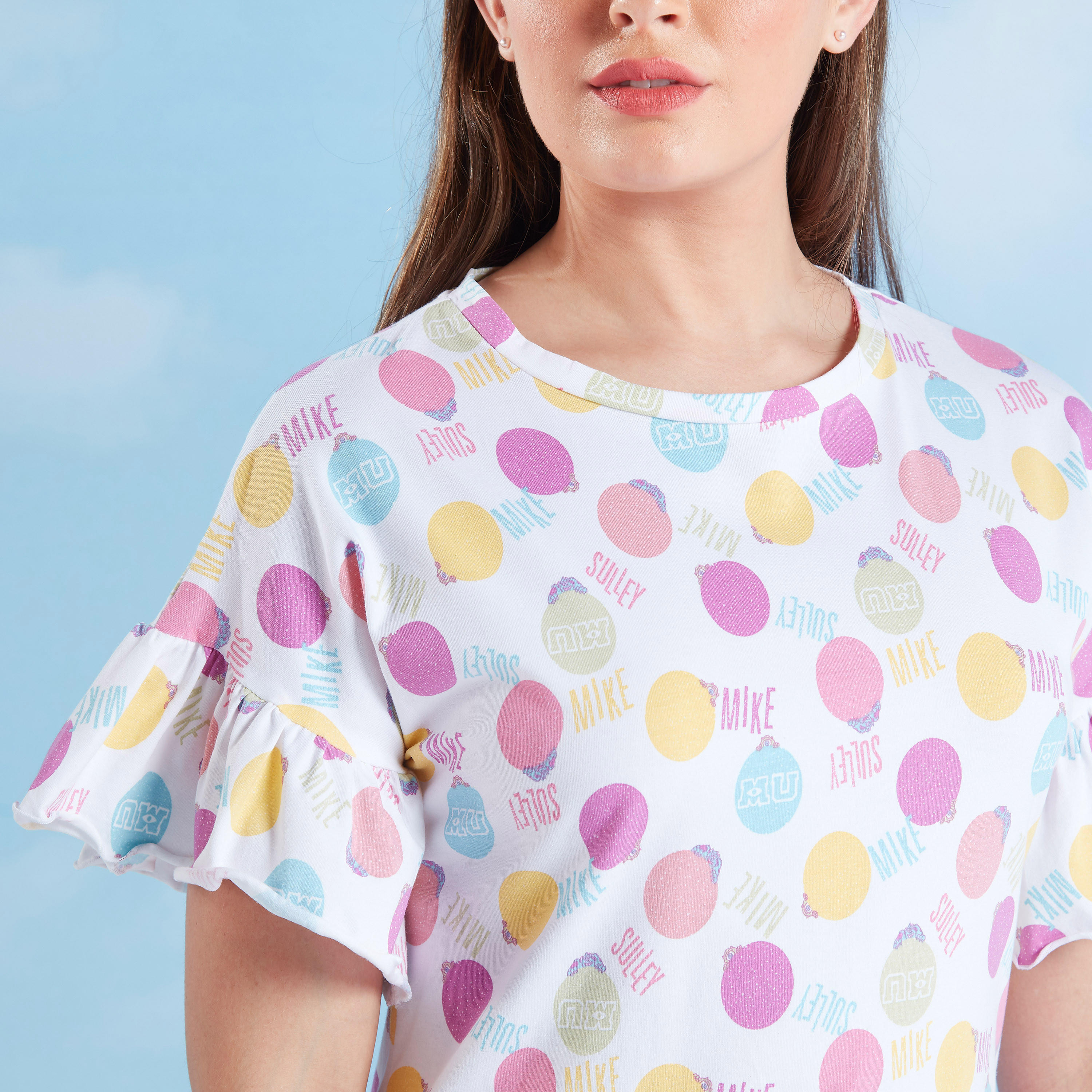 فستان نوم بياقة مستديرة وأكمام كشكشة مع طبعات-women-clothing-nightwear-nighties-image-4