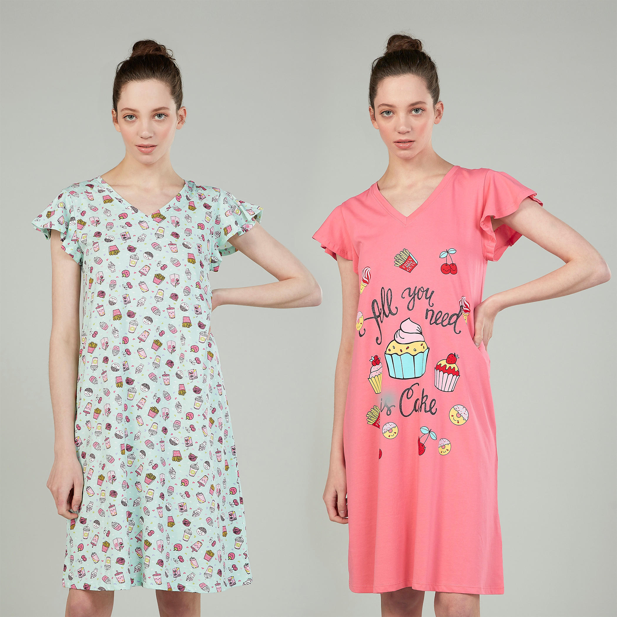 قميص نوم بياقة V وأكمام عريضة وطبعات - طقم من قطعتين-women-clothing-nightwear-nighties-image-1