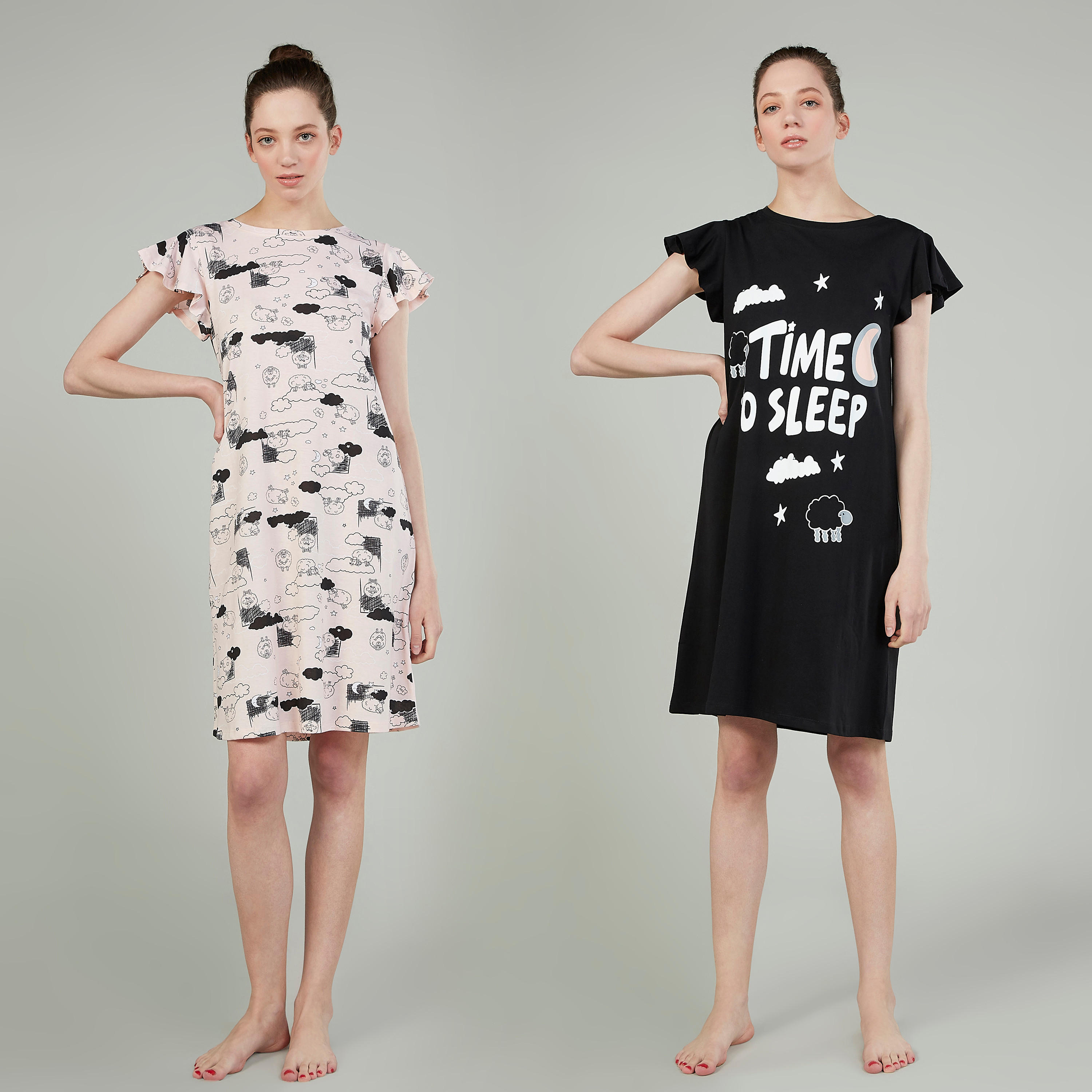 فستان نوم بياقة مستديرة وأكمام قصيرة وطبعات - طقم من قطعتين-women-clothing-nightwear-nighties-image-1