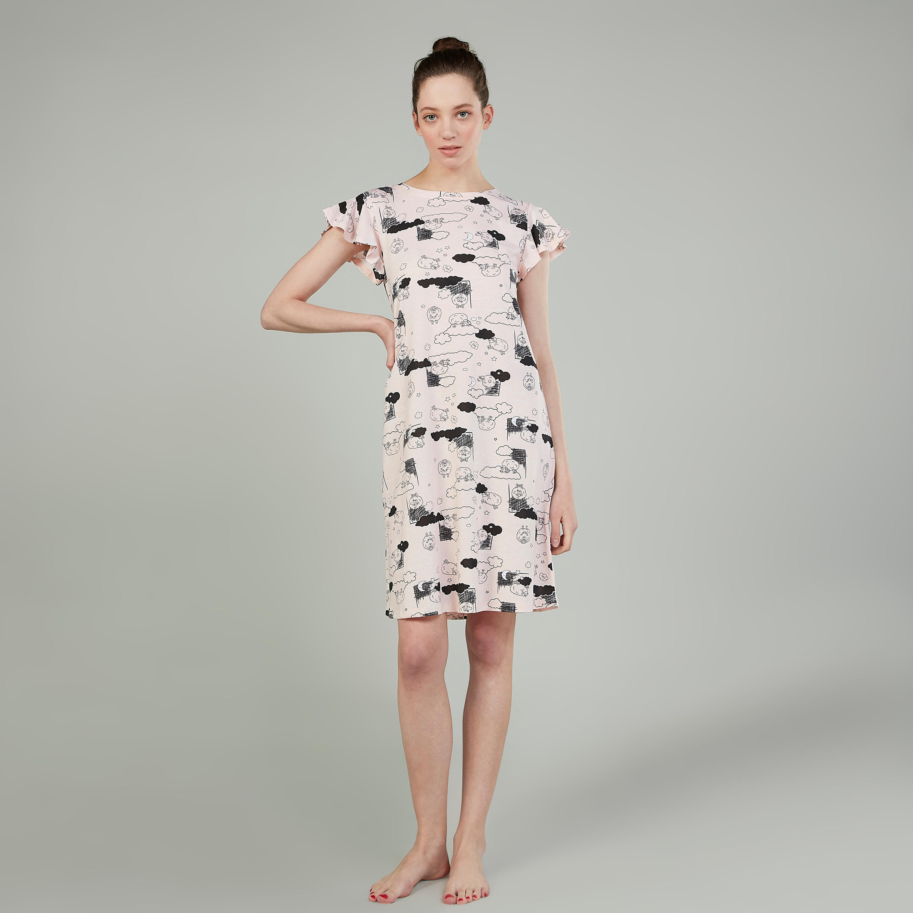 فستان نوم بياقة مستديرة وأكمام قصيرة وطبعات - طقم من قطعتين-women-clothing-nightwear-nighties-image-2