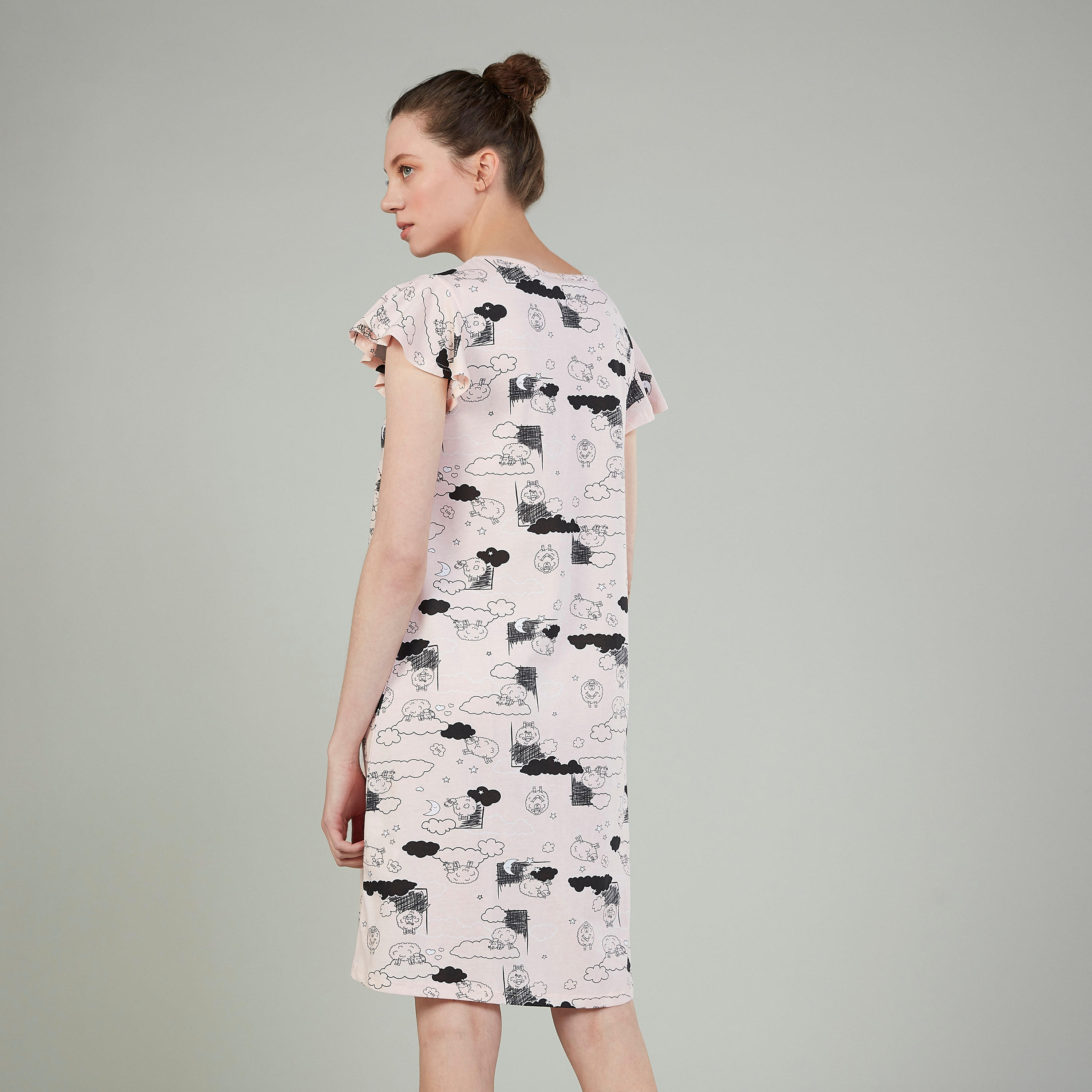 فستان نوم بياقة مستديرة وأكمام قصيرة وطبعات - طقم من قطعتين-women-clothing-nightwear-nighties-image-5