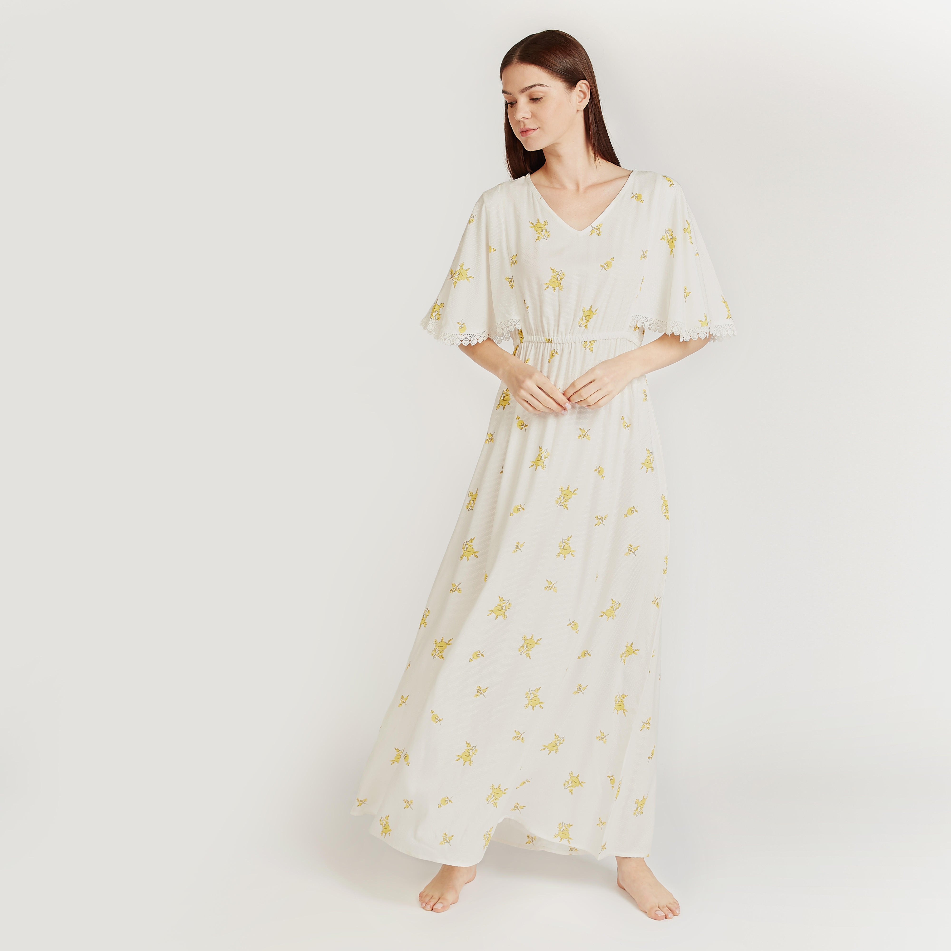 Printed Night Gown with V-neck and Flared Sleeves-women-clothing-nightwear-nighties-image-1