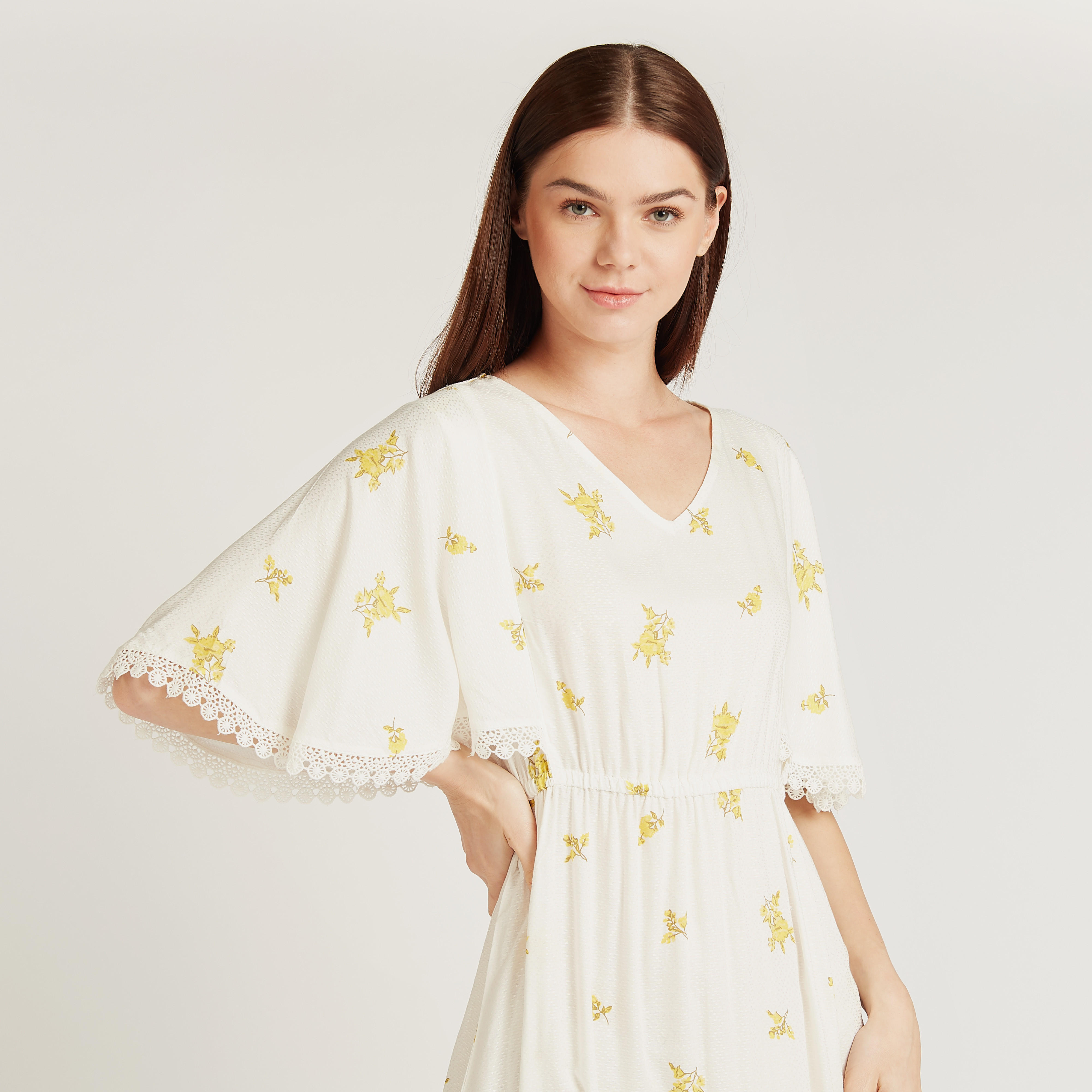 Printed Night Gown with V-neck and Flared Sleeves-women-clothing-nightwear-nighties-image-4