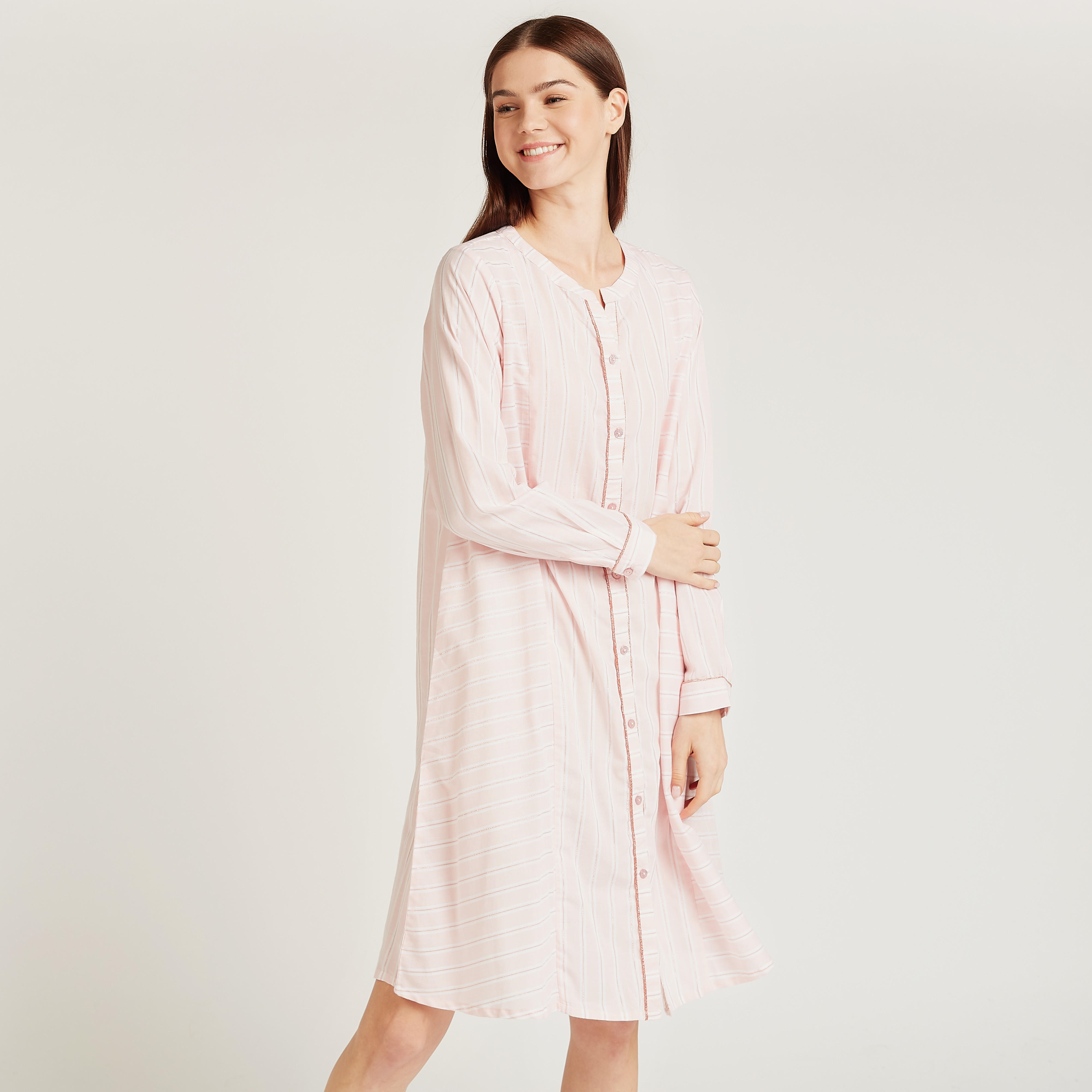 قميص نوم مخطط بياقة ماندارين وأكمام طويلة-women-clothing-nightwear-nighties-image-1