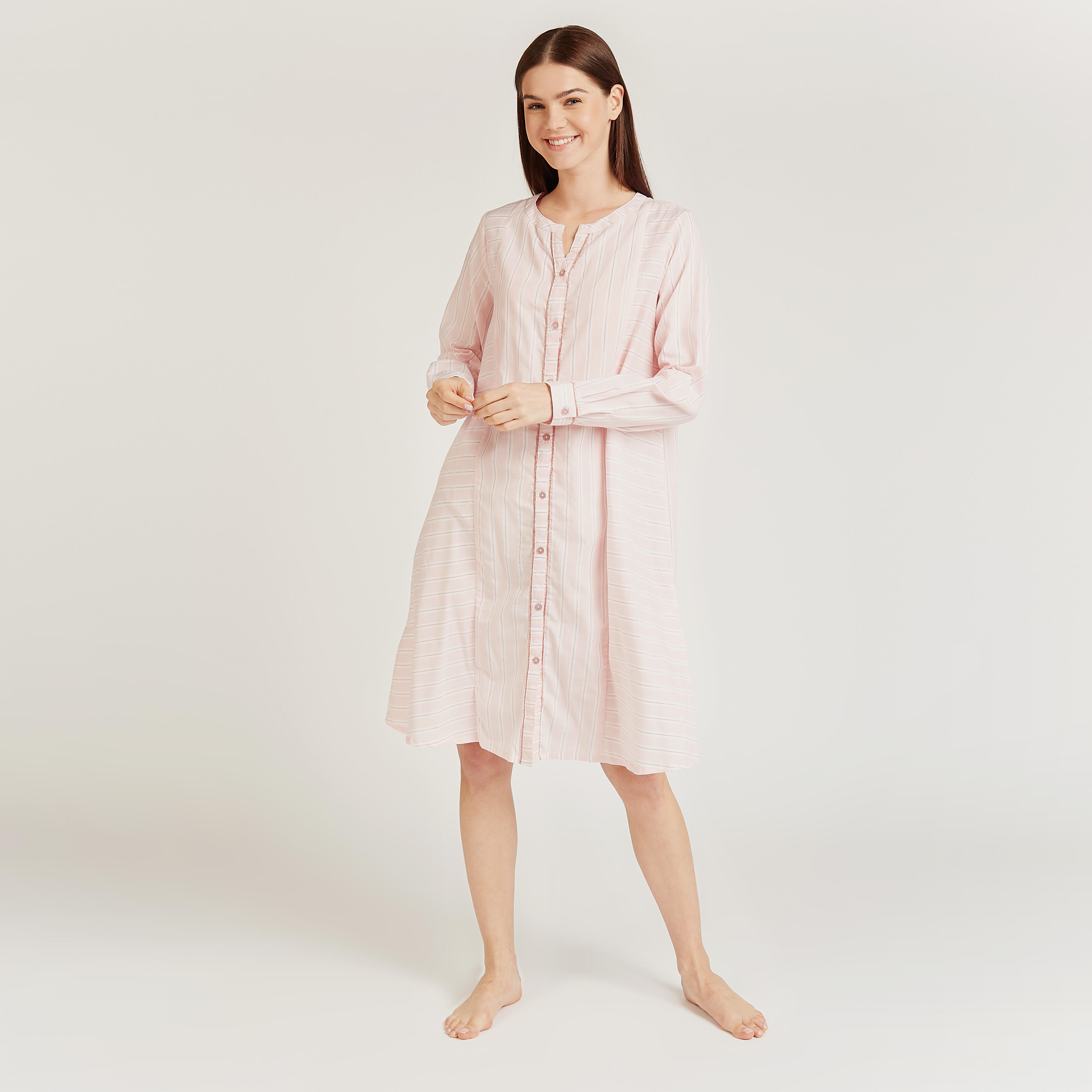 قميص نوم مخطط بياقة ماندارين وأكمام طويلة-women-clothing-nightwear-nighties-image-2