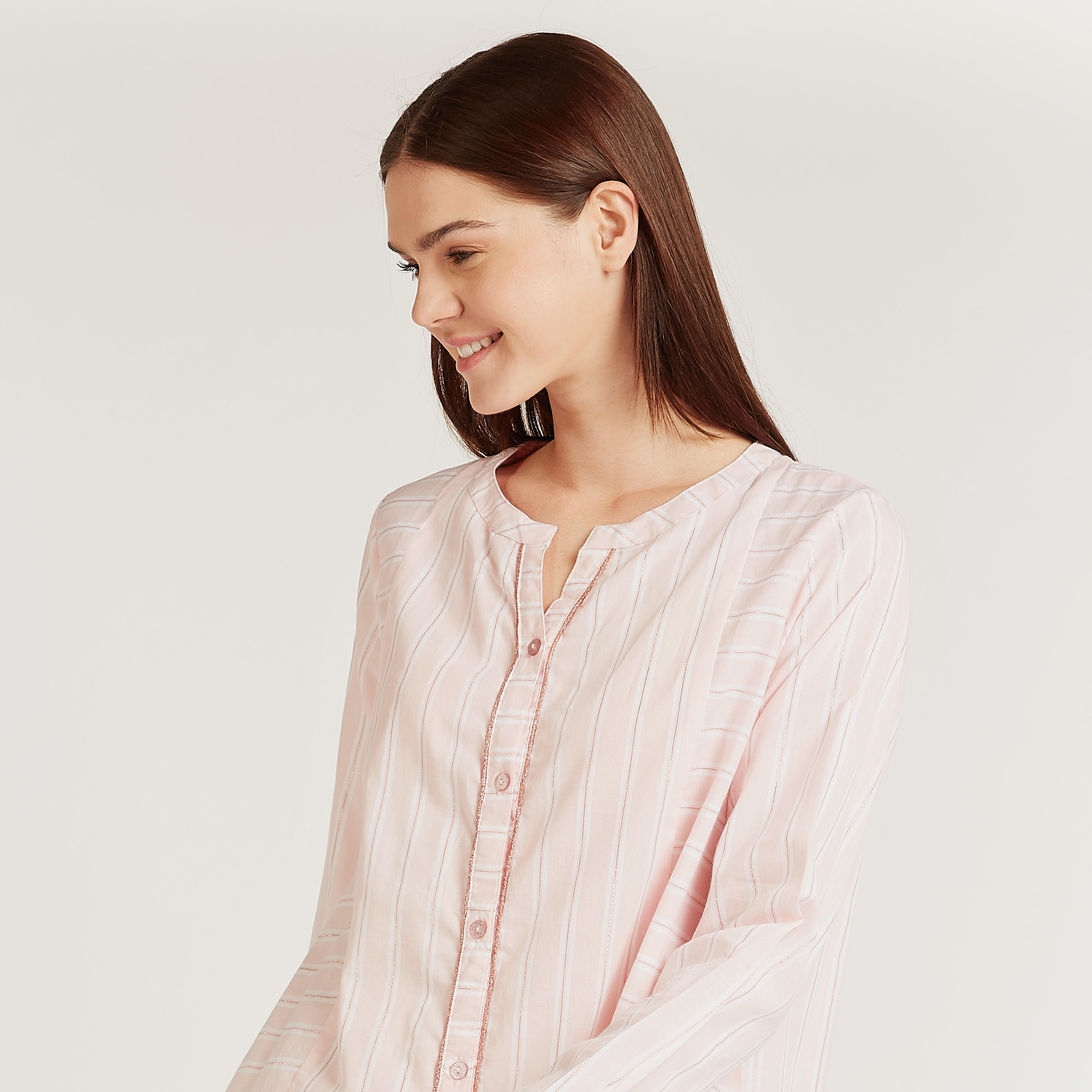 قميص نوم مخطط بياقة ماندارين وأكمام طويلة-women-clothing-nightwear-nighties-image-3