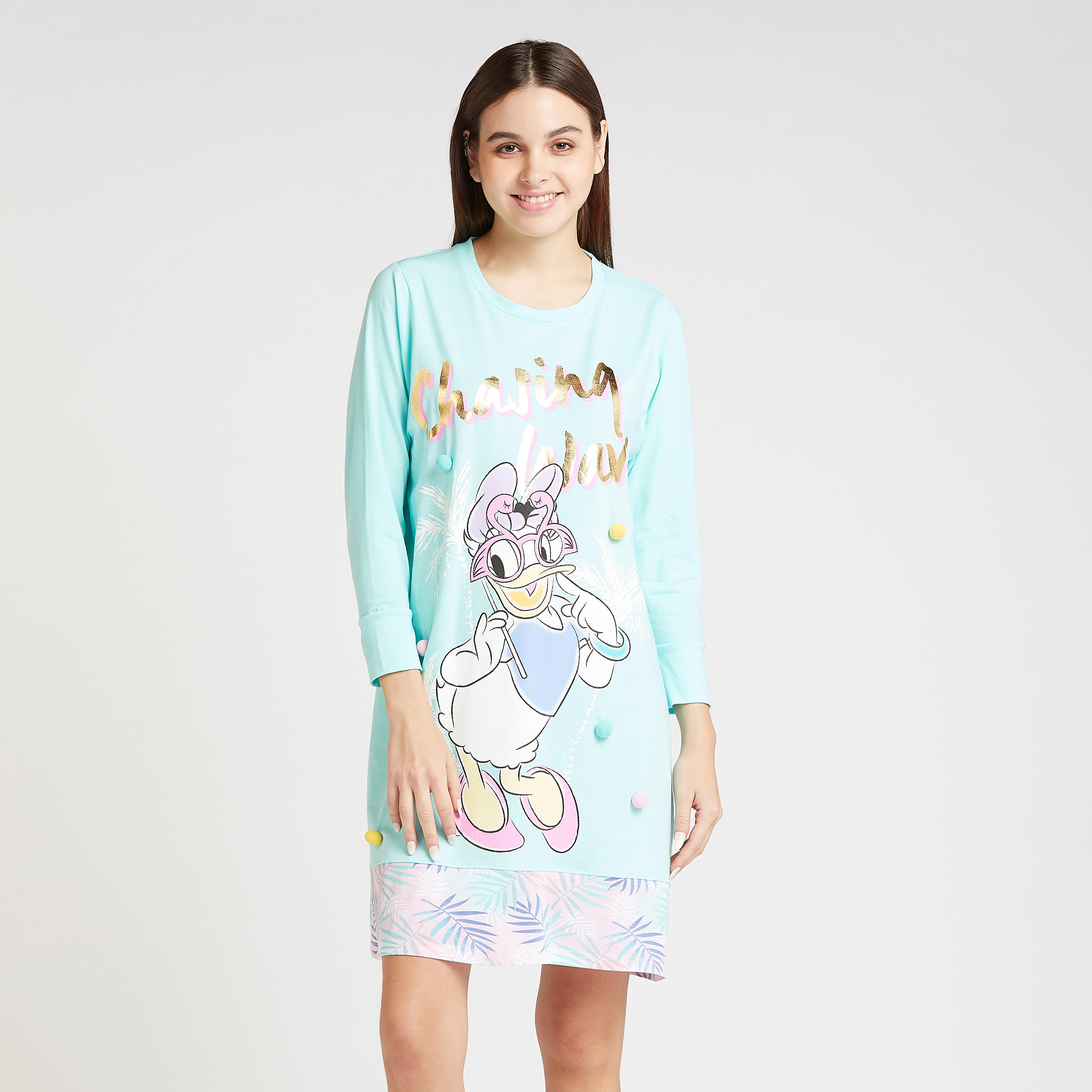 Daisy Duck Print Sleep Dress with Round Neck and Long Sleeves-women-clothing-nightwear-nighties-image-1