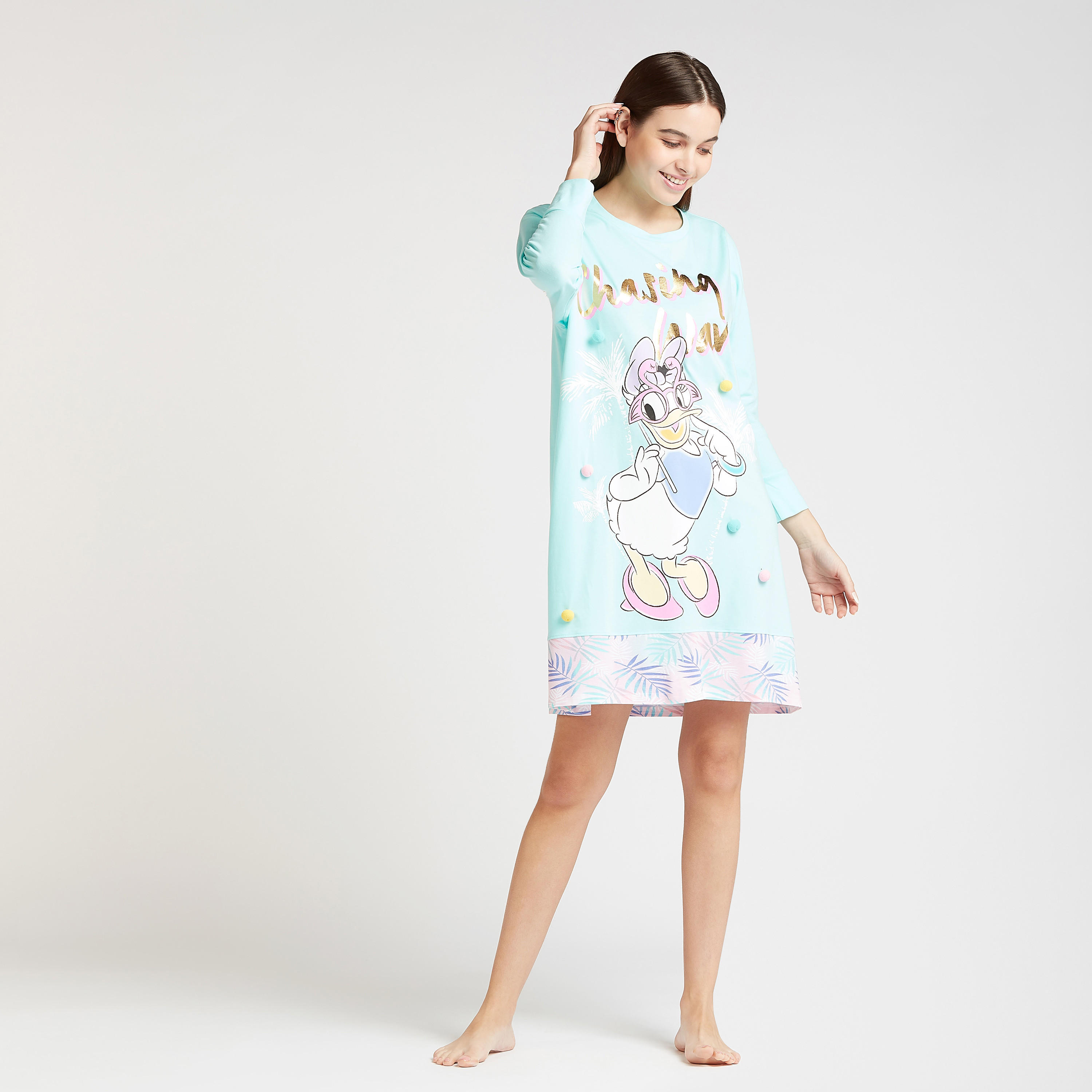 Daisy Duck Print Sleep Dress with Round Neck and Long Sleeves-women-clothing-nightwear-nighties-image-2