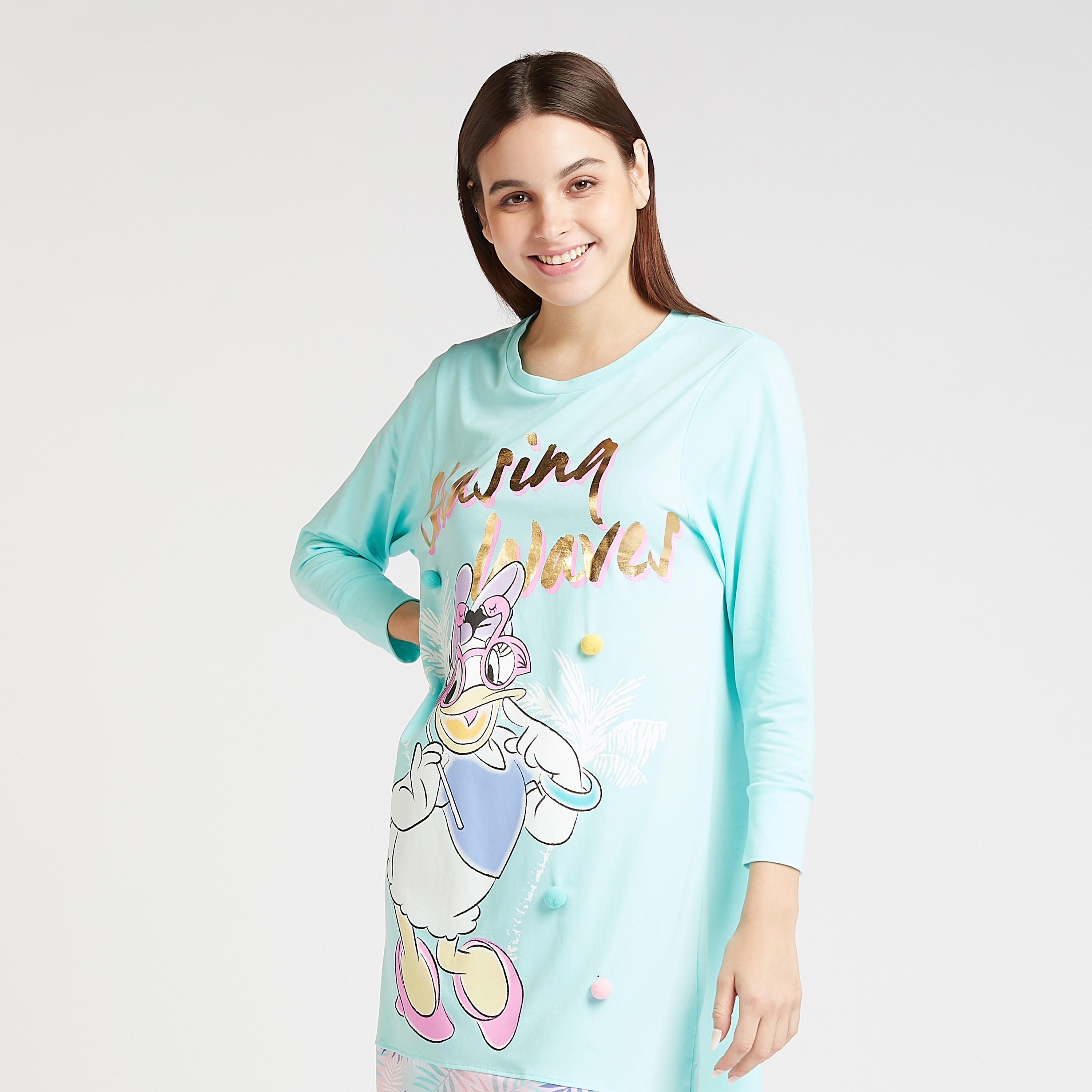 Daisy Duck Print Sleep Dress with Round Neck and Long Sleeves-women-clothing-nightwear-nighties-image-3