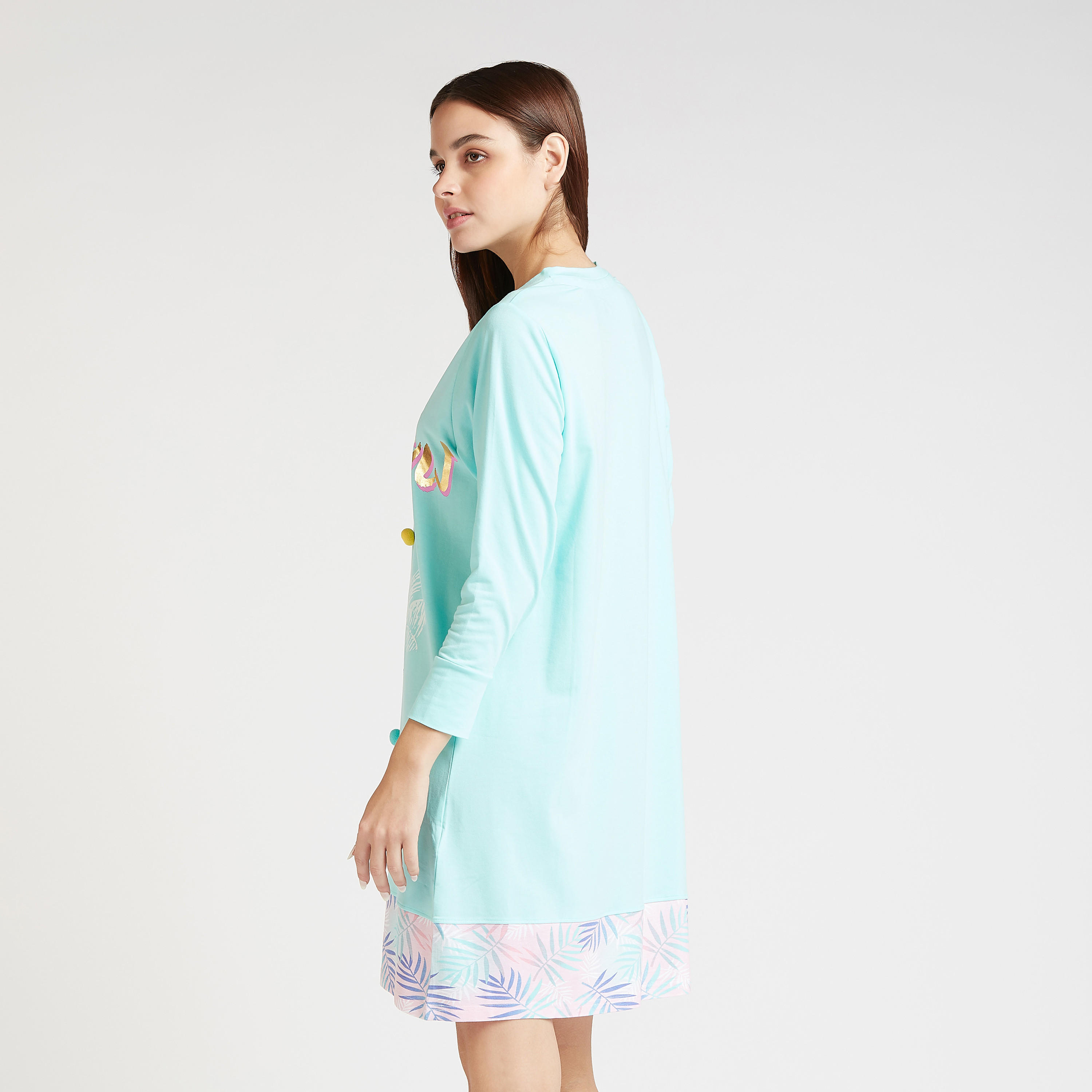 Daisy Duck Print Sleep Dress with Round Neck and Long Sleeves-women-clothing-nightwear-nighties-image-4