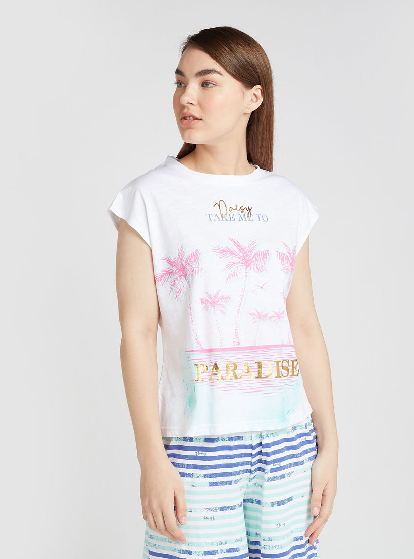 طقم بنطلون بيجاما وتيشيرت بياقة ضيقة وطبعات-women-clothing-nightwear-pyjamas-longsets-image-4