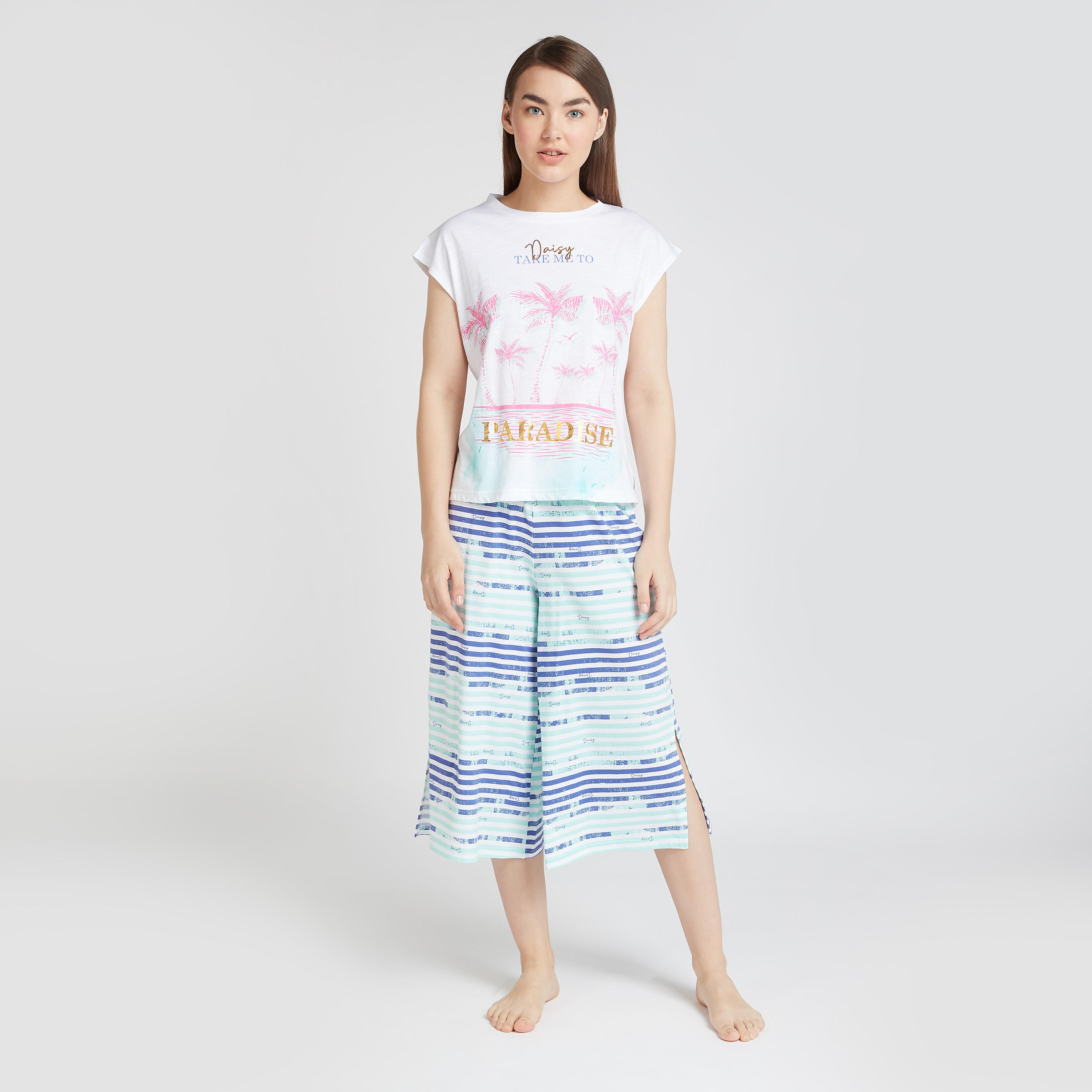 طقم بنطلون بيجاما وتيشيرت بياقة ضيقة وطبعات-women-clothing-nightwear-pyjamas-longsets-image-5