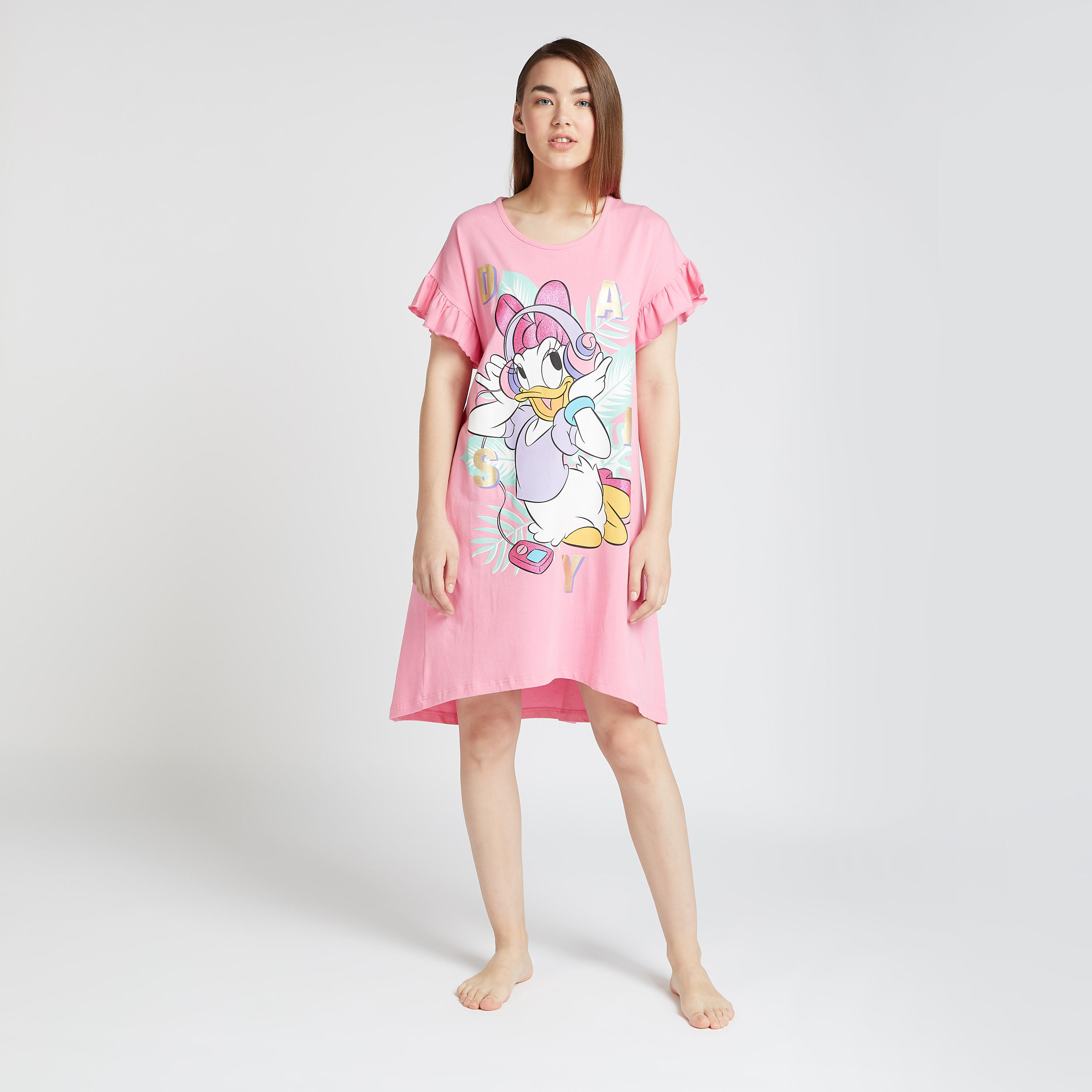 فستان نوم برقبة مستديرة وأكمام قصيرة وطبعات دايزي داك-women-clothing-nightwear-nighties-image-2