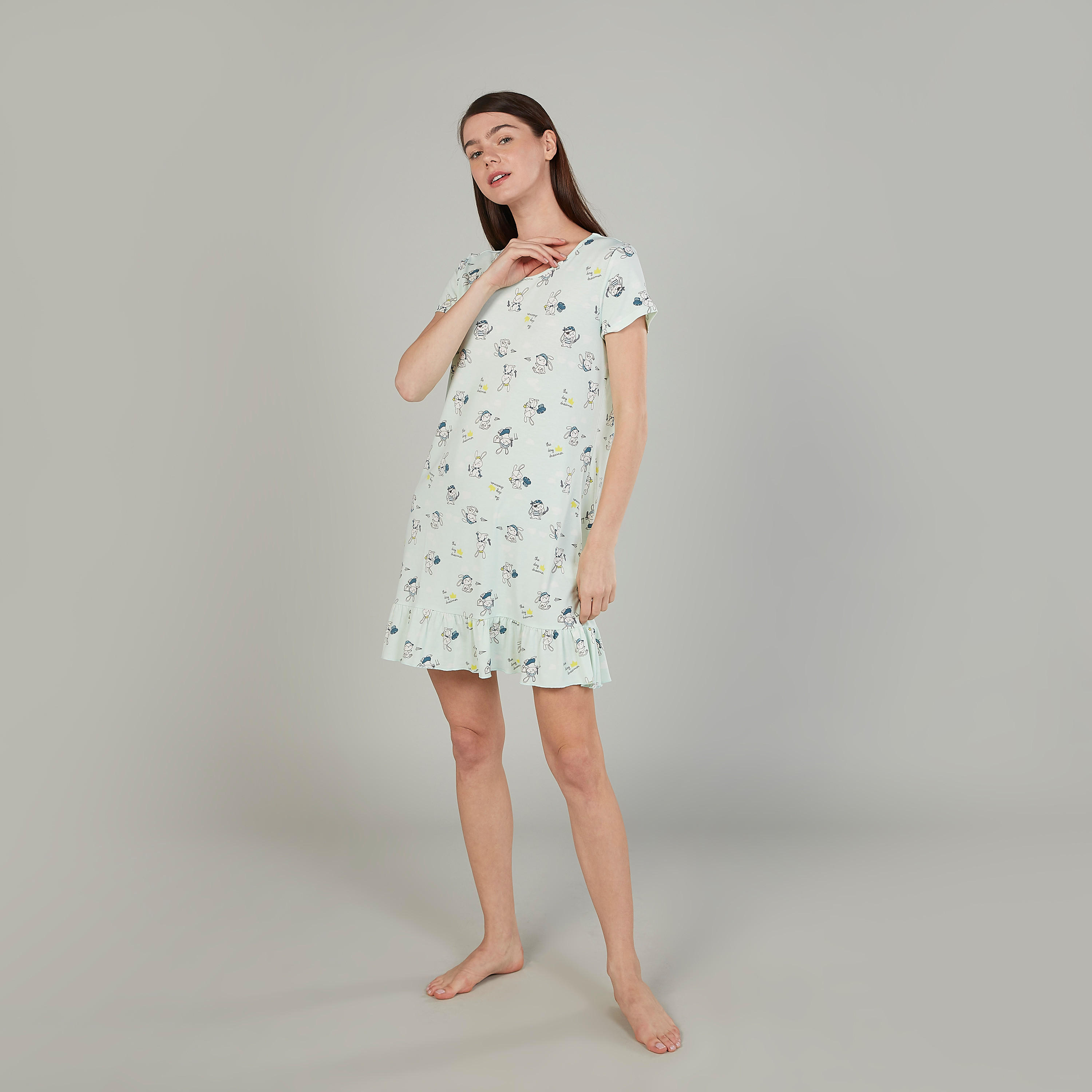 فستان نوم بياقة مستديرة وأكمام قصيرة وطبعات-women-clothing-nightwear-nighties-image-2