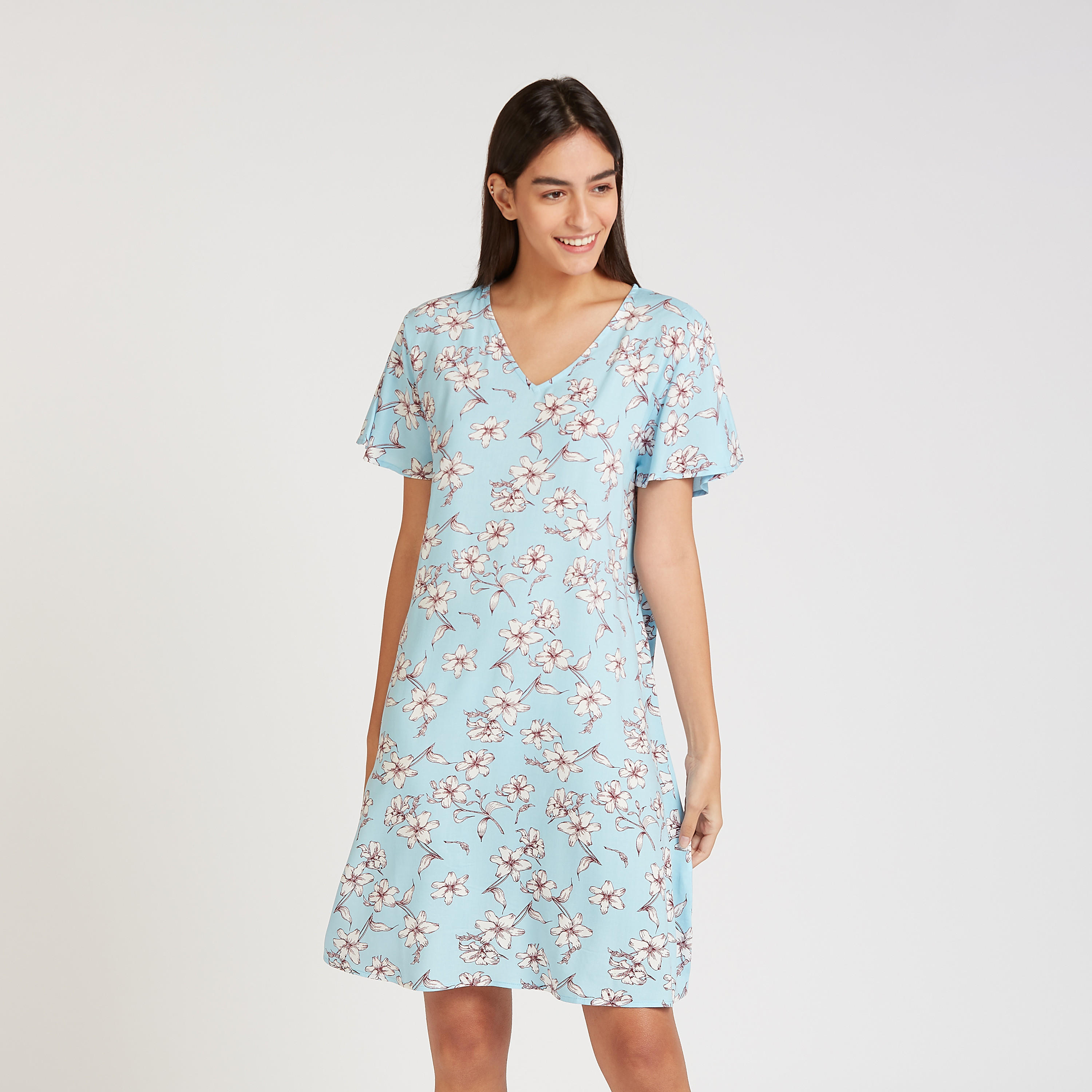 فستان نوم بياقة V وأكمام قصيرة وطبعات-women-clothing-nightwear-nighties-image-1