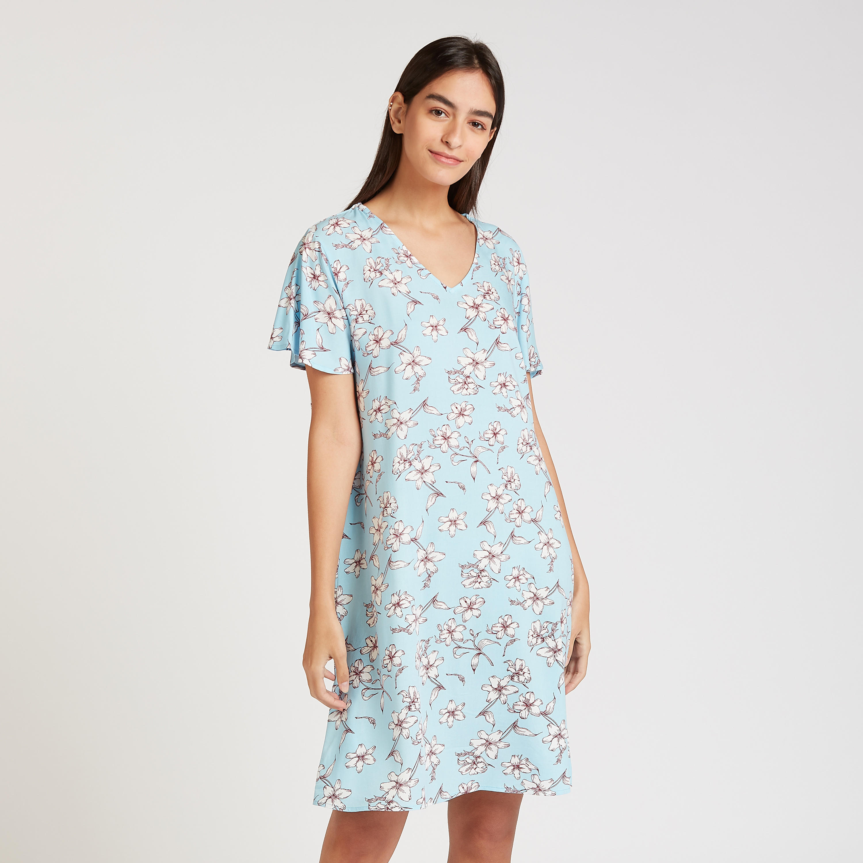 فستان نوم بياقة V وأكمام قصيرة وطبعات-women-clothing-nightwear-nighties-image-2