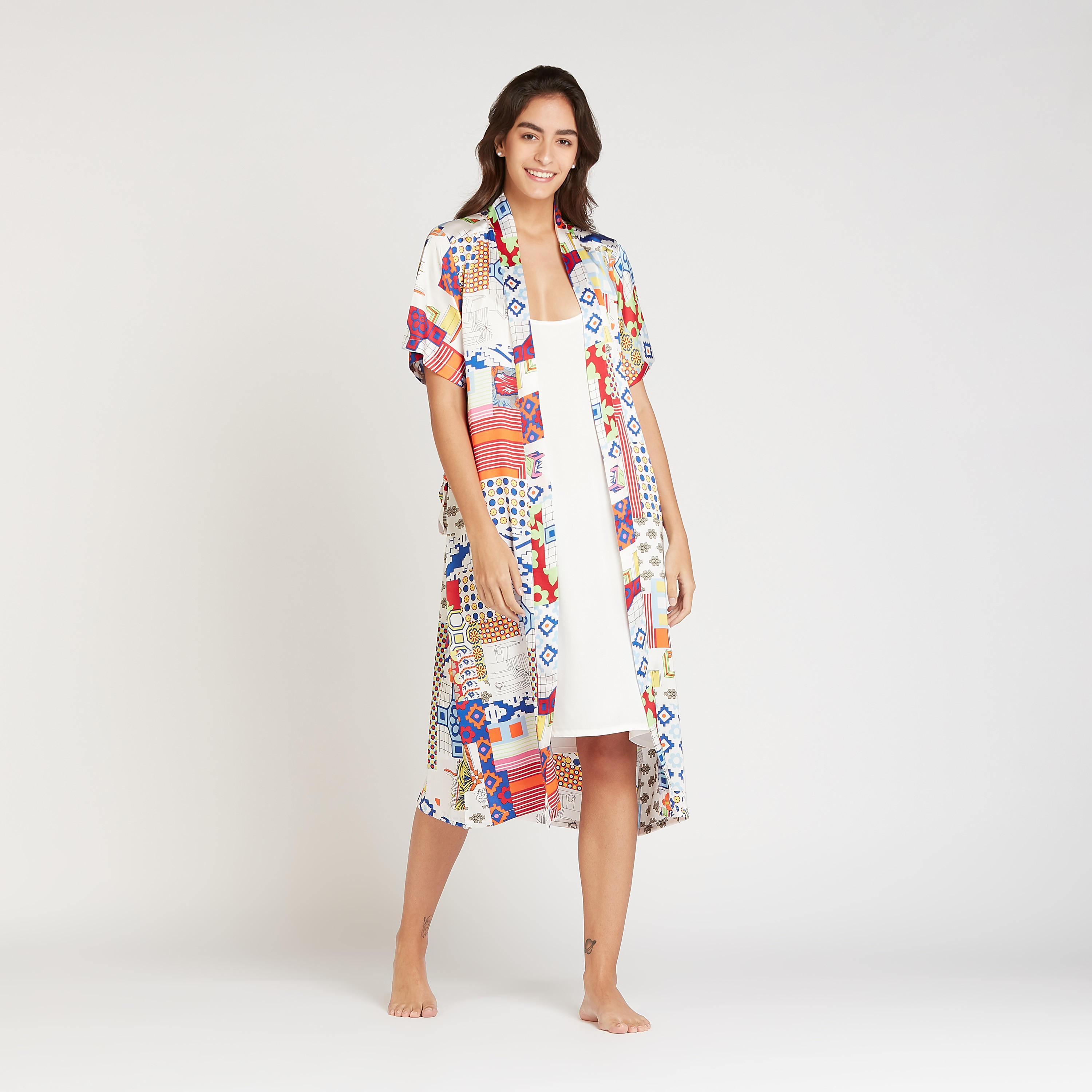 Printed Robe with Short Sleeves and Tie Ups-women-clothing-nightwear-robes-image-1