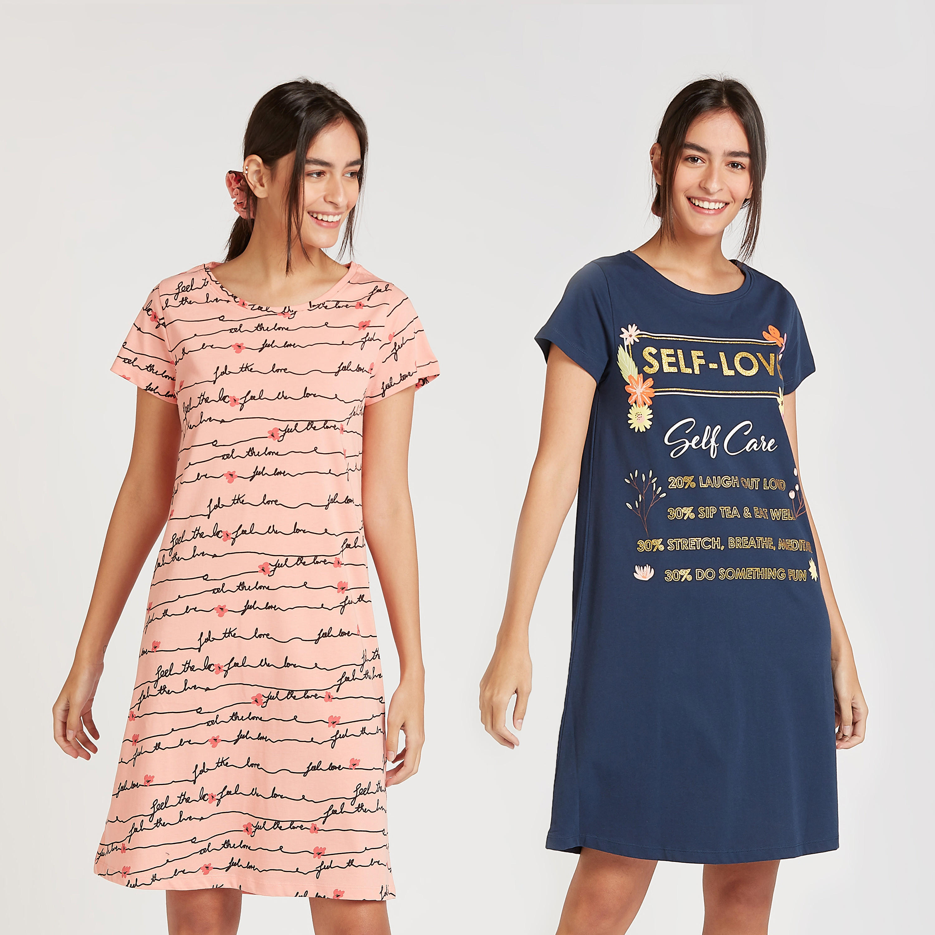 فستان نوم بياقة مستديرة وأكمام قصيرة وطبعات - طقم من قطعتين-women-clothing-nightwear-nighties-image-1