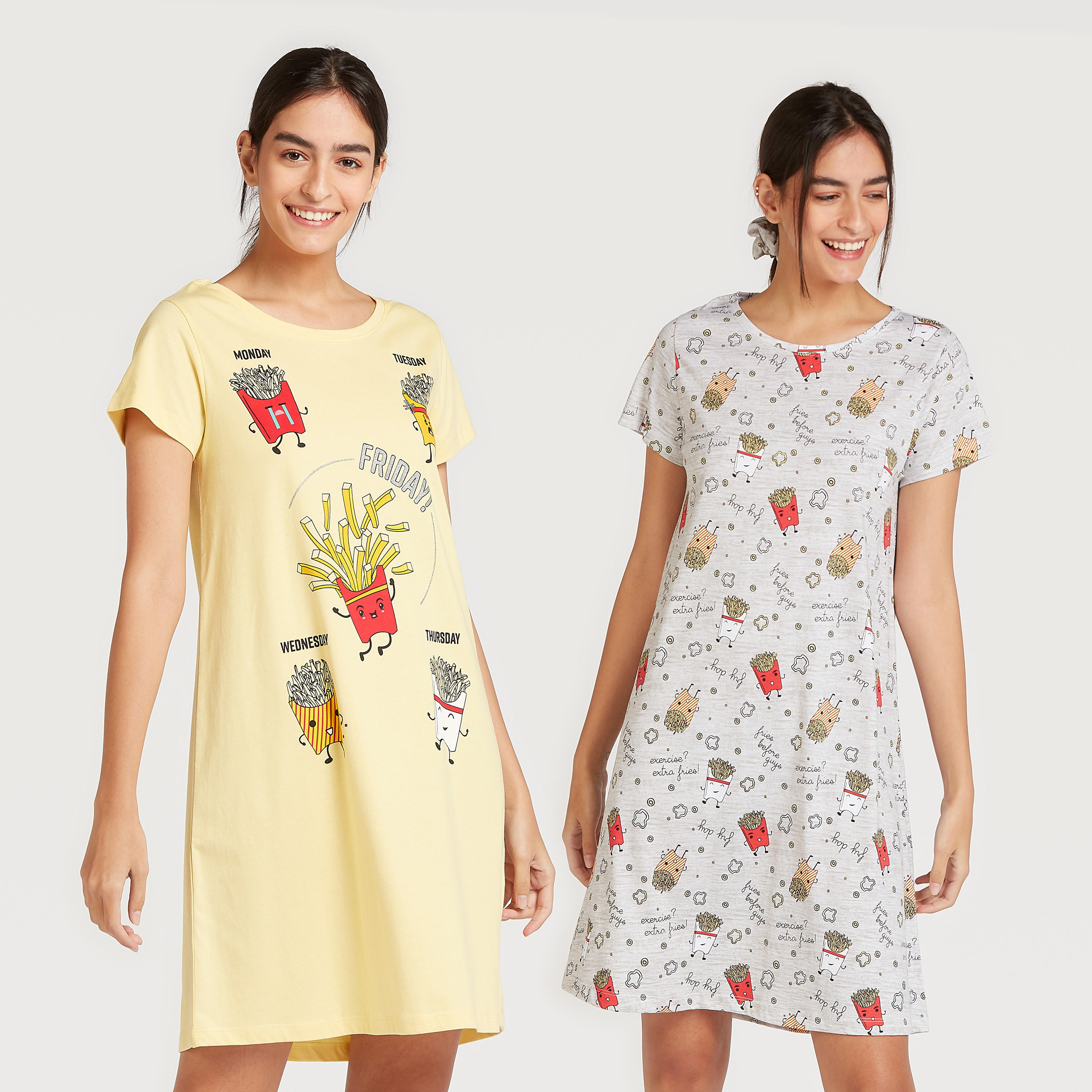 Set of 2 - Printed Sleep Dress with Round Neck and Short Sleeves-women-clothing-nightwear-nighties-image-1