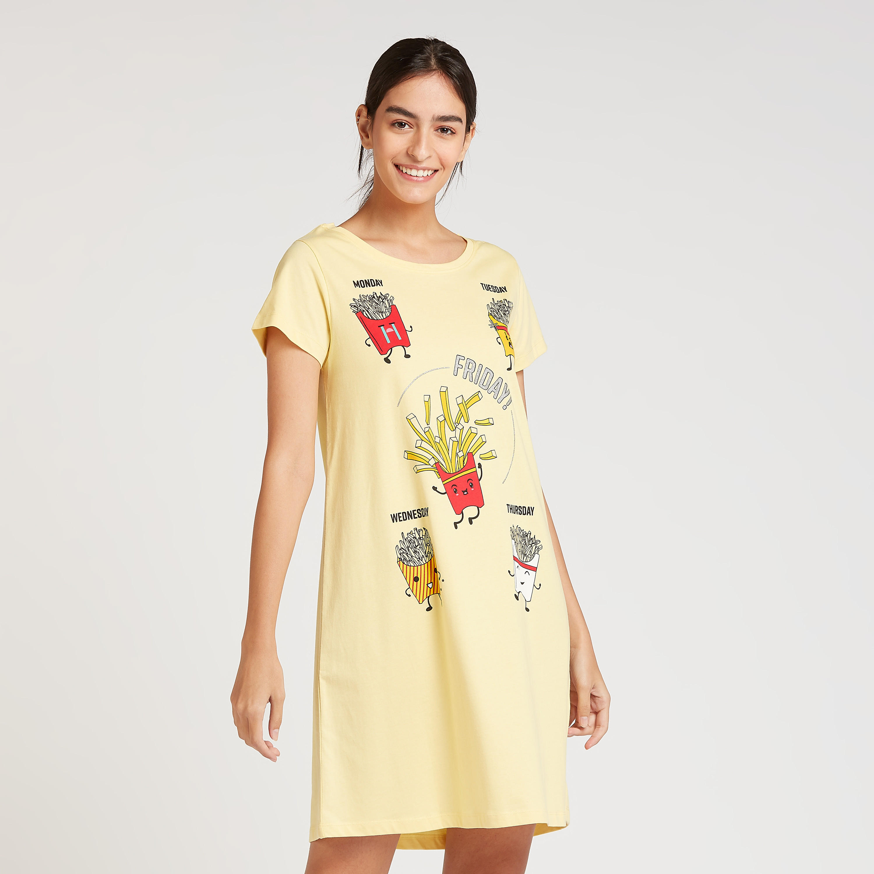 Set of 2 - Printed Sleep Dress with Round Neck and Short Sleeves-women-clothing-nightwear-nighties-image-2