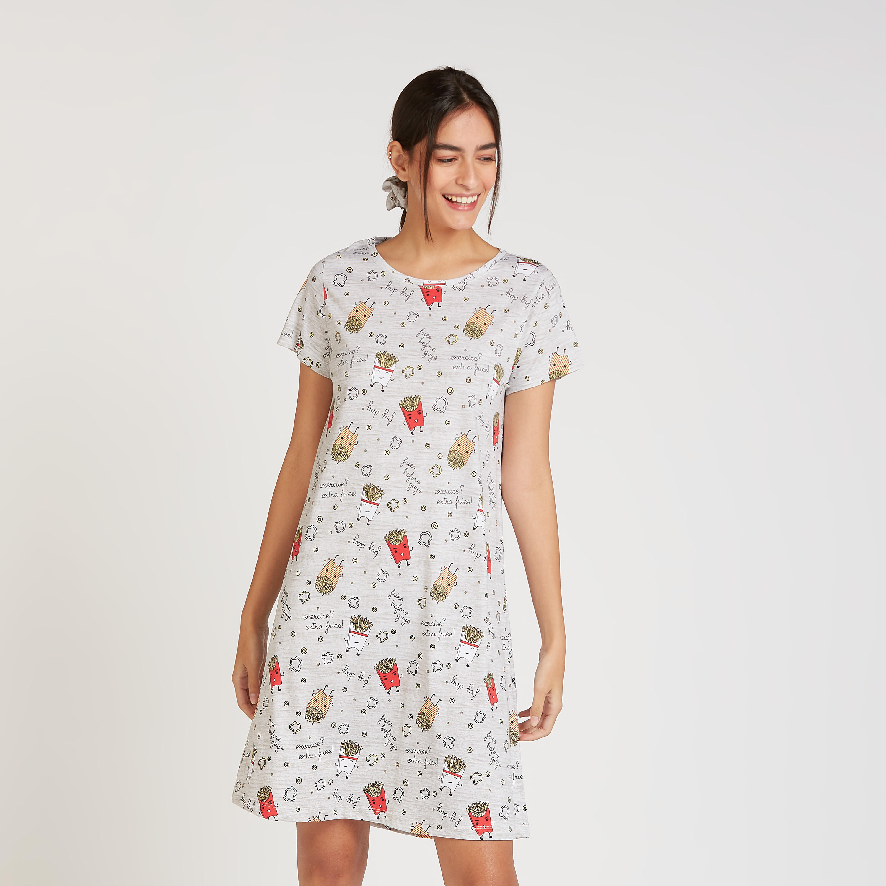 Set of 2 - Printed Sleep Dress with Round Neck and Short Sleeves-women-clothing-nightwear-nighties-image-3