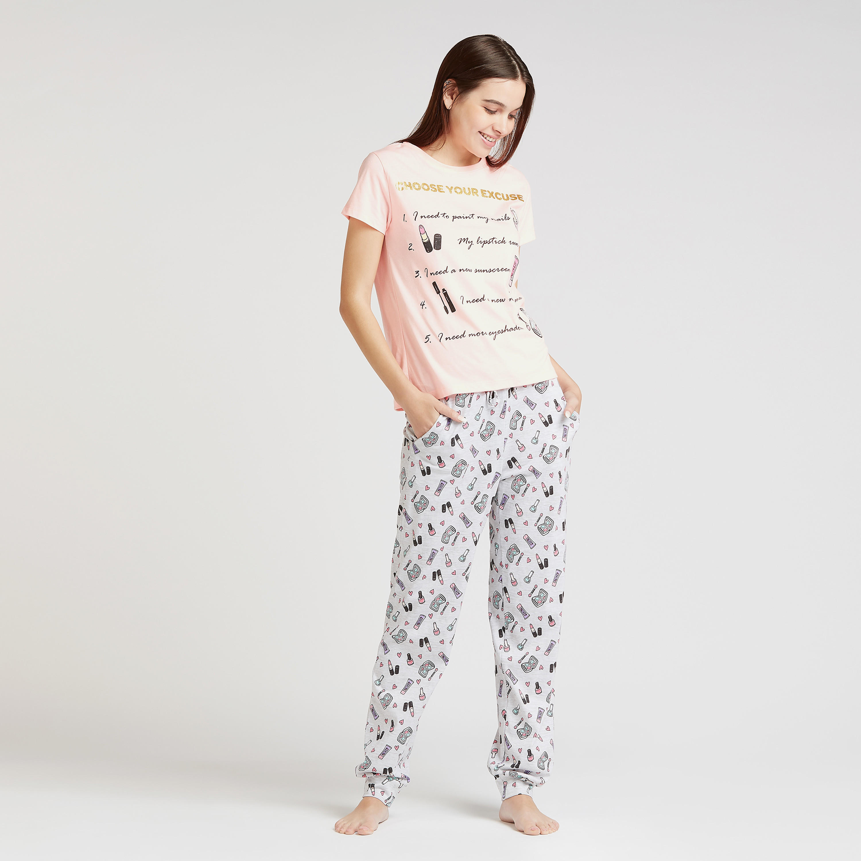 طقم بنطلون بيجاما وتيشيرت بياقة مستديرة وطَبعات-women-clothing-nightwear-pyjamas-longsets-image-5