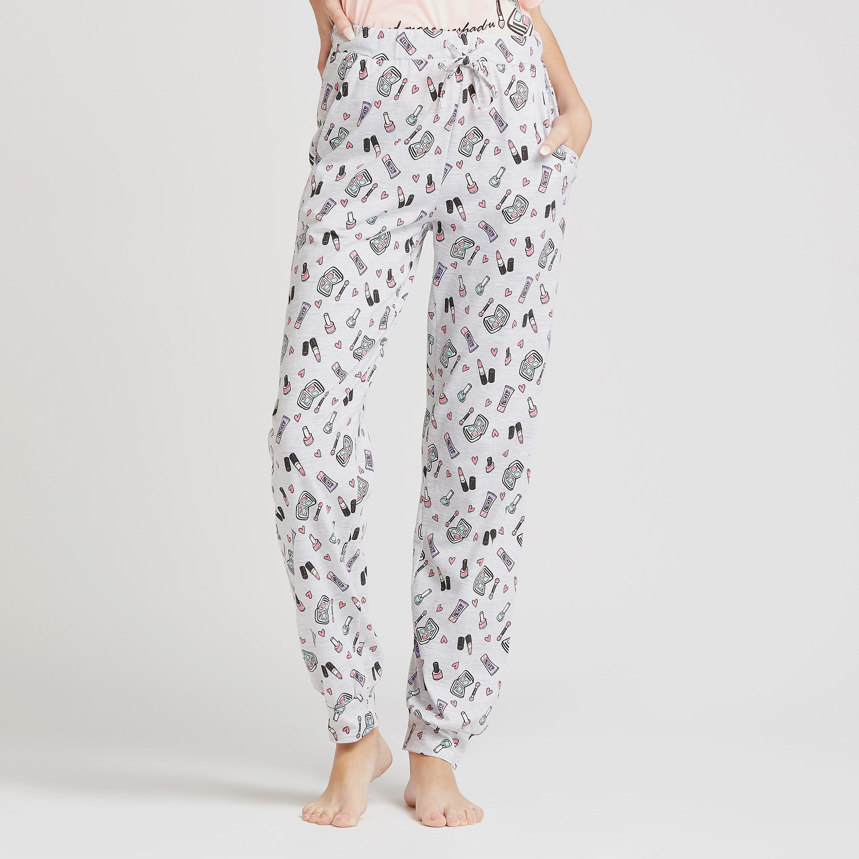 طقم بنطلون بيجاما وتيشيرت بياقة مستديرة وطَبعات-women-clothing-nightwear-pyjamas-longsets-image-2