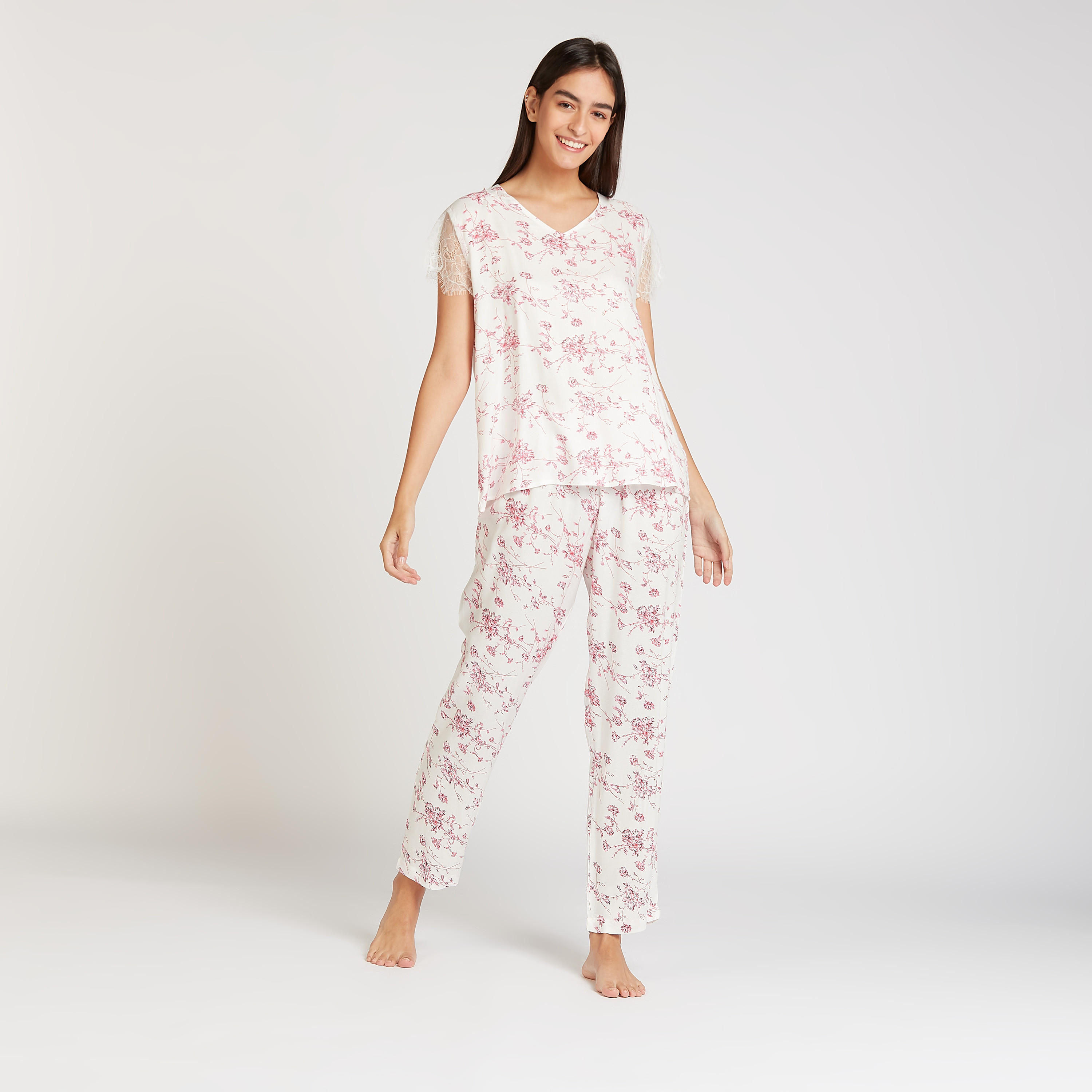 Printed V-neck Top and Full Length Pyjama Set-women-clothing-nightwear-pyjamas-longsets-image-1