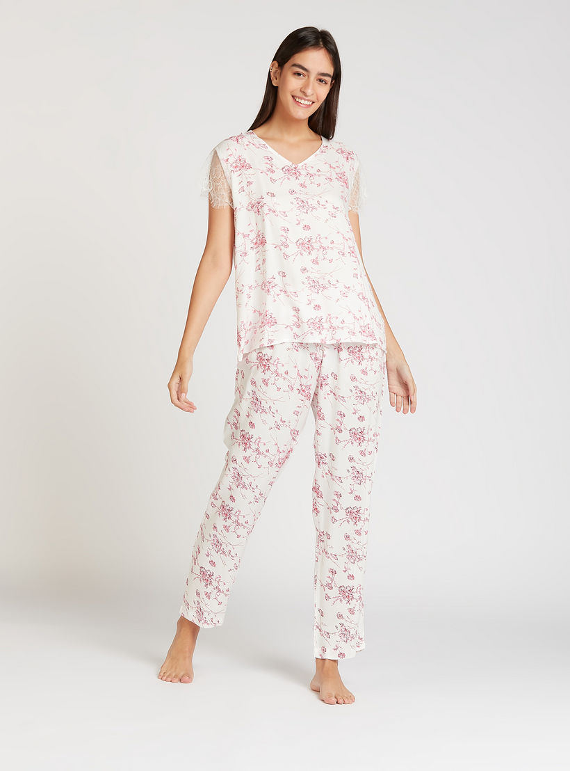 Printed V-neck Top and Full Length Pyjama Set-women-clothing-nightwear-pyjamas-longsets-image-1