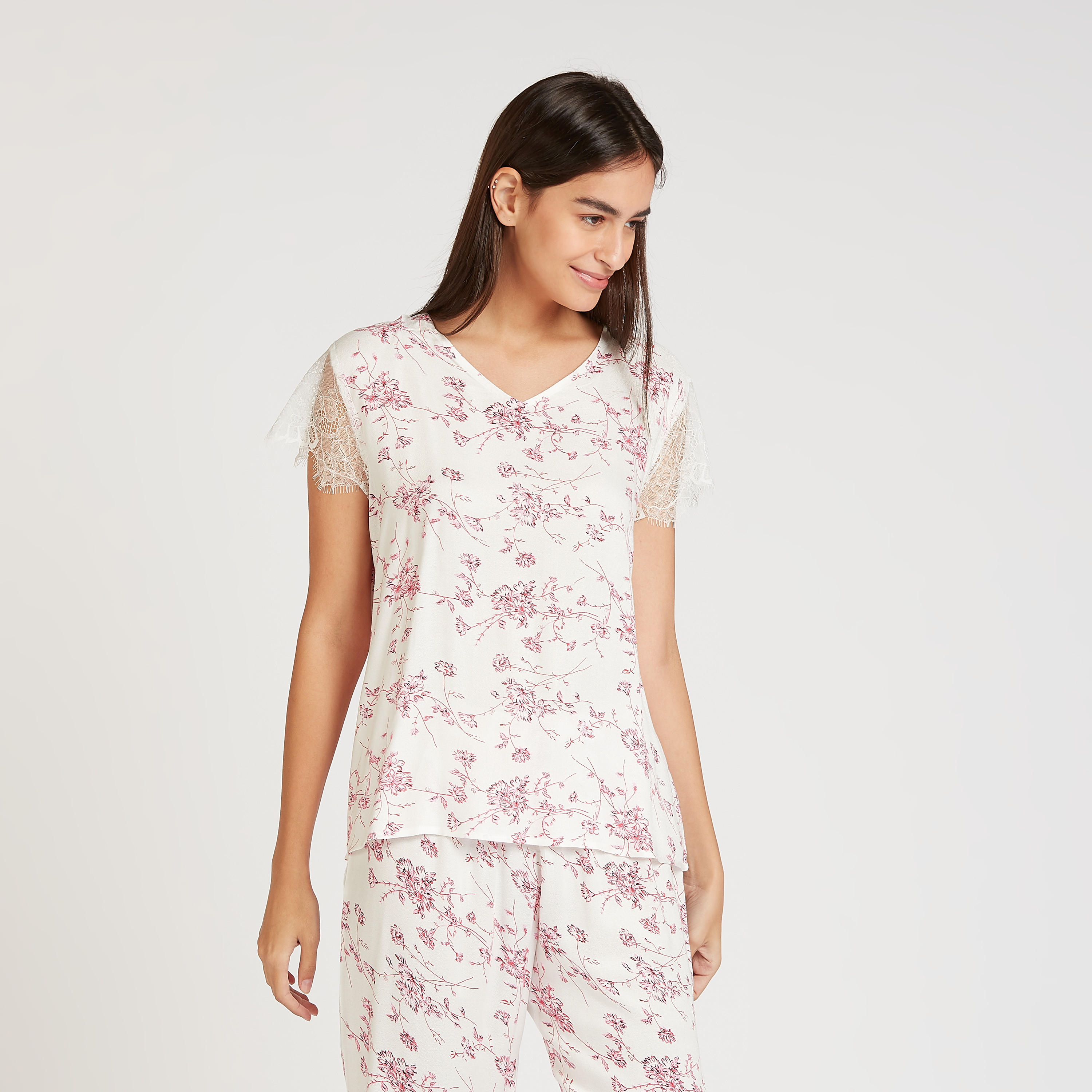 Printed V-neck Top and Full Length Pyjama Set-women-clothing-nightwear-pyjamas-longsets-image-2