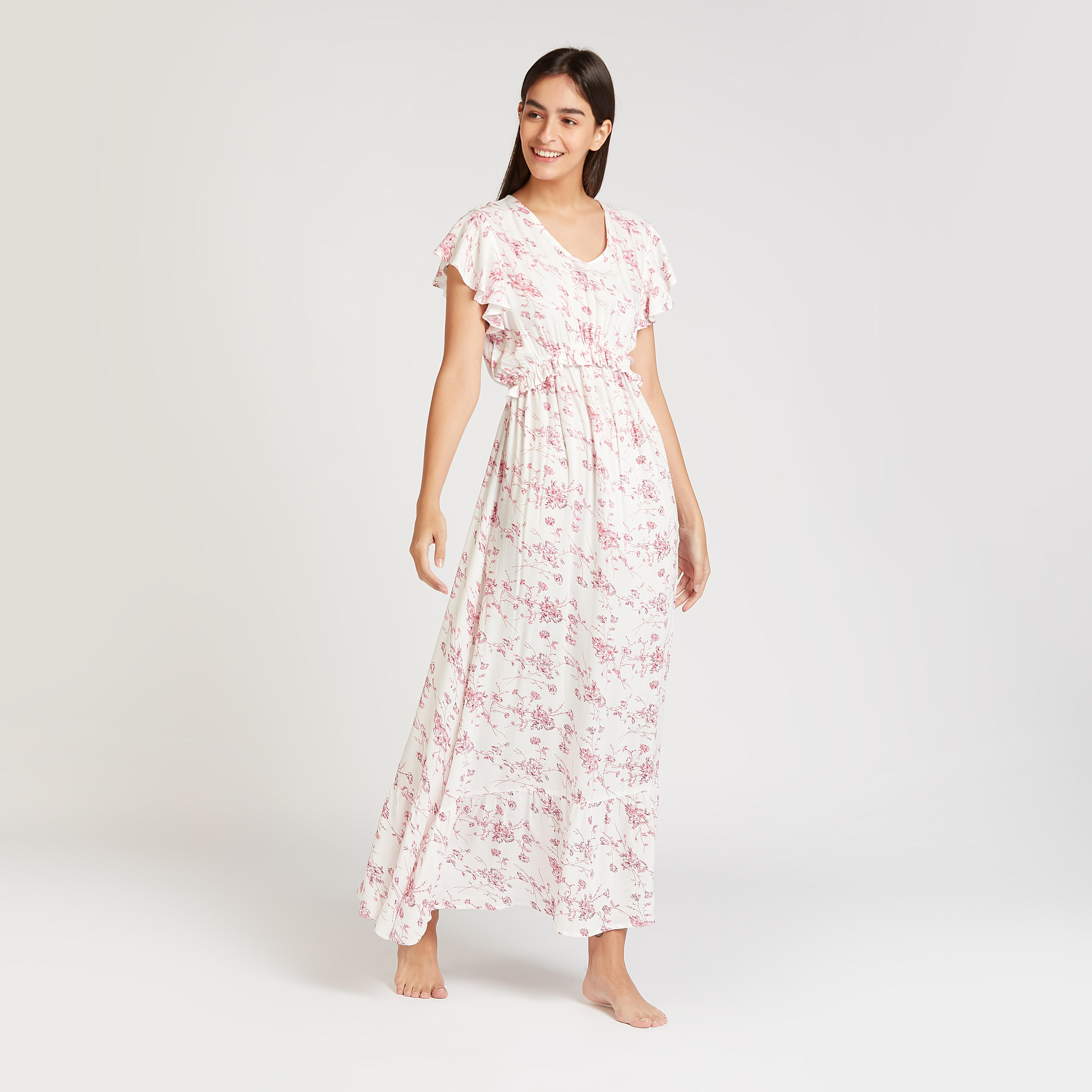 قميص نوم طويل بياقة V وأكمام كشكش وطبعات-women-clothing-nightwear-nighties-image-1
