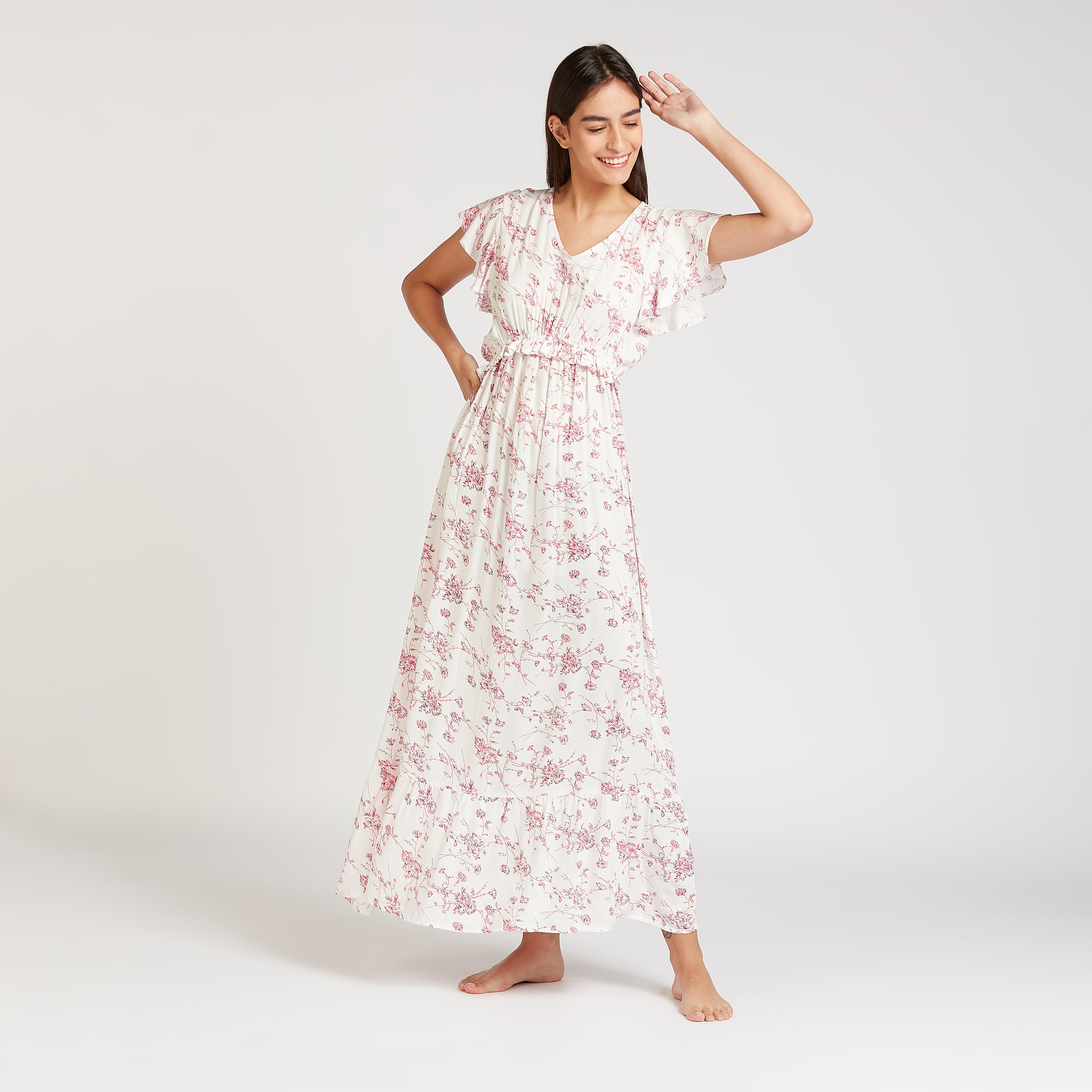 قميص نوم طويل بياقة V وأكمام كشكش وطبعات-women-clothing-nightwear-nighties-image-2