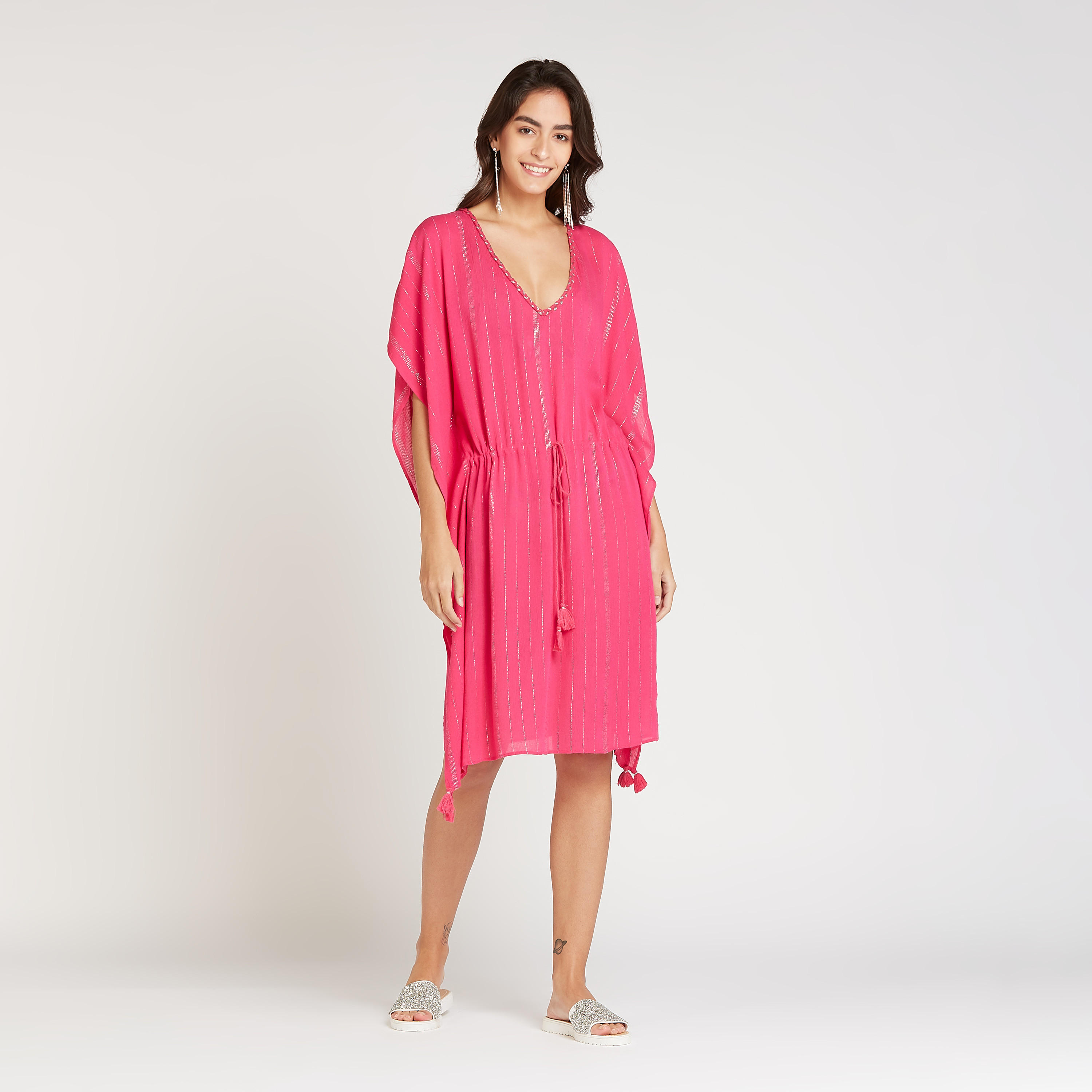 فستان إيه لاين ميدي بارز الملمس بأكمام ممتدة وأربطة-women-clothing-dresses-image-1