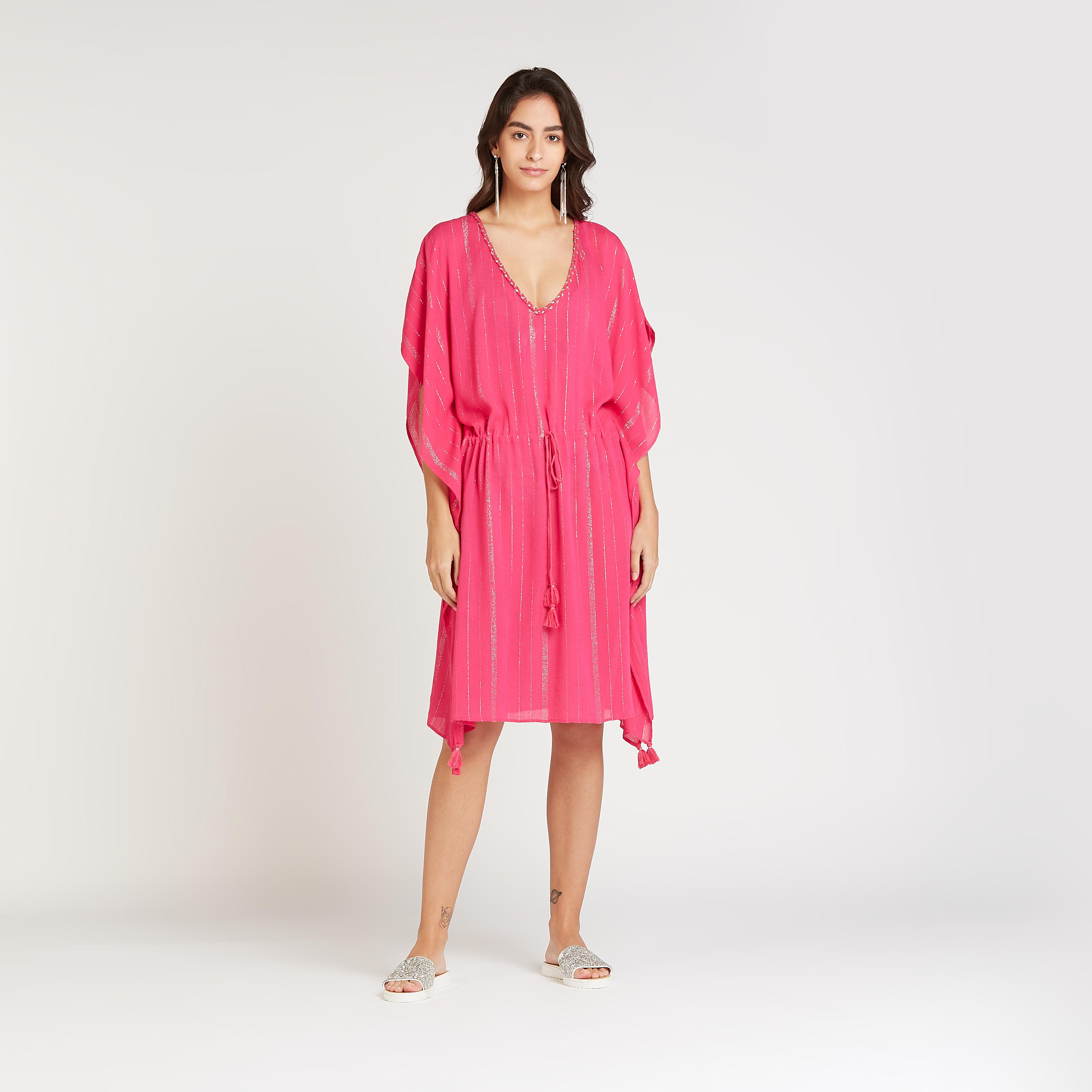 فستان إيه لاين ميدي بارز الملمس بأكمام ممتدة وأربطة-women-clothing-dresses-image-2