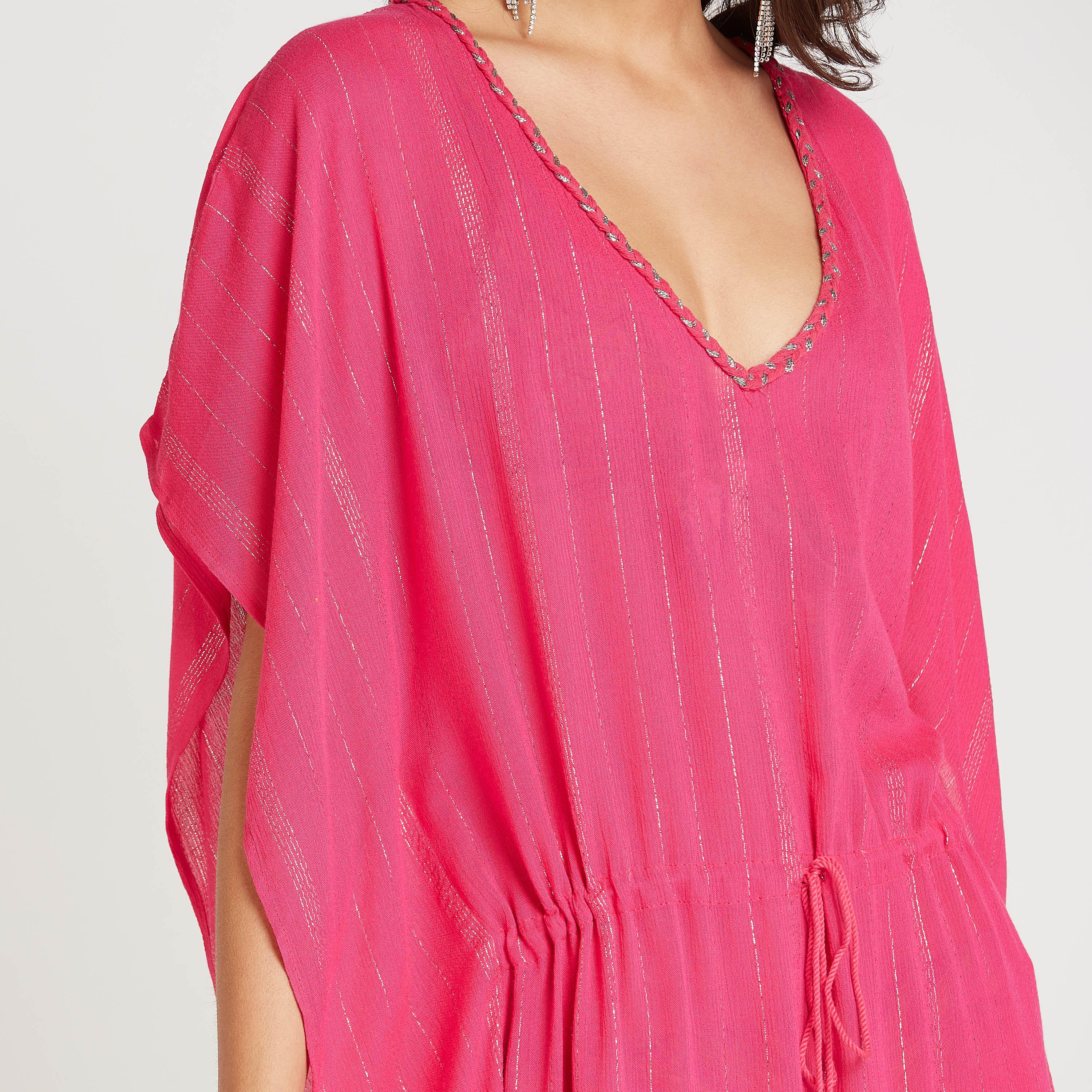 فستان إيه لاين ميدي بارز الملمس بأكمام ممتدة وأربطة-women-clothing-dresses-image-3