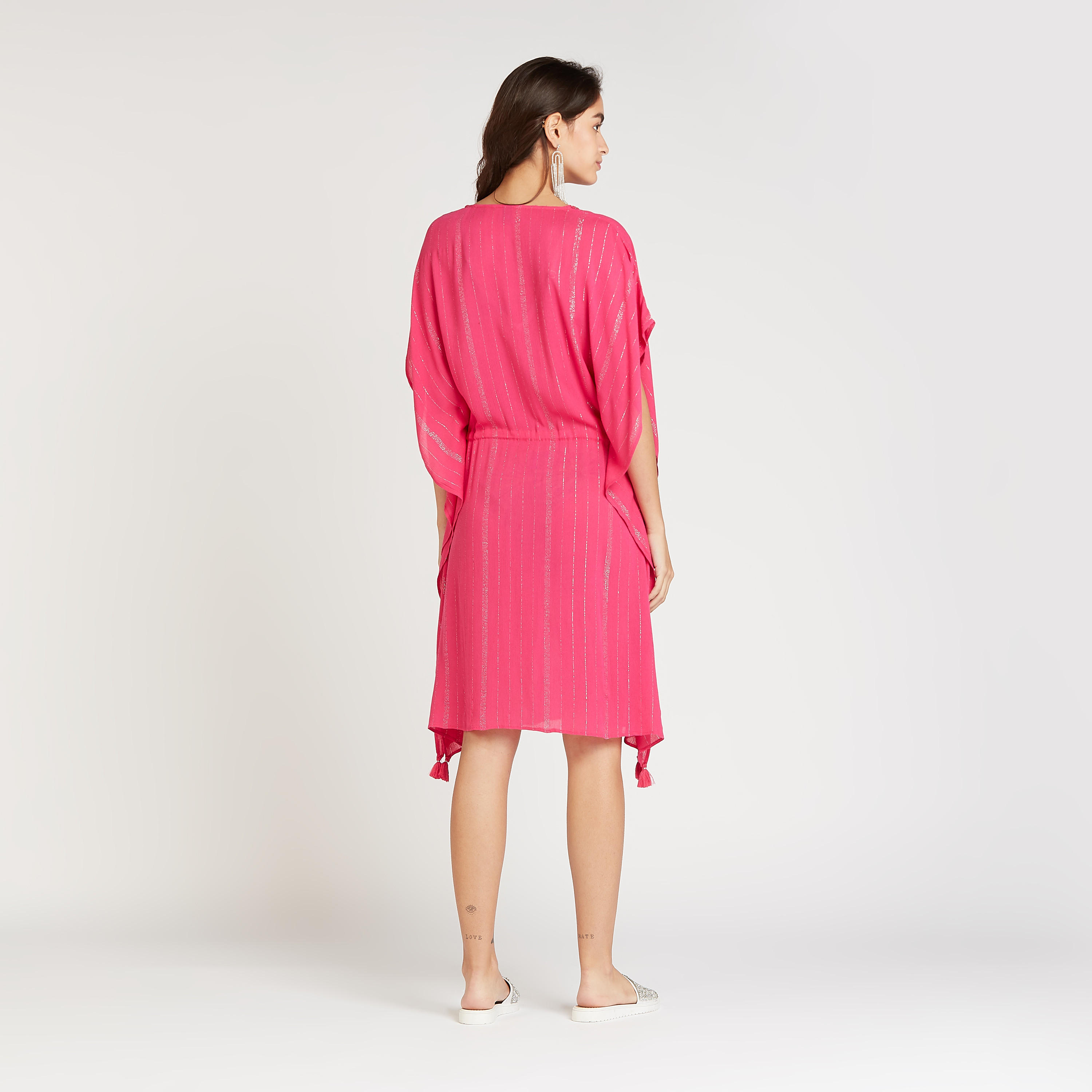 فستان إيه لاين ميدي بارز الملمس بأكمام ممتدة وأربطة-women-clothing-dresses-image-4