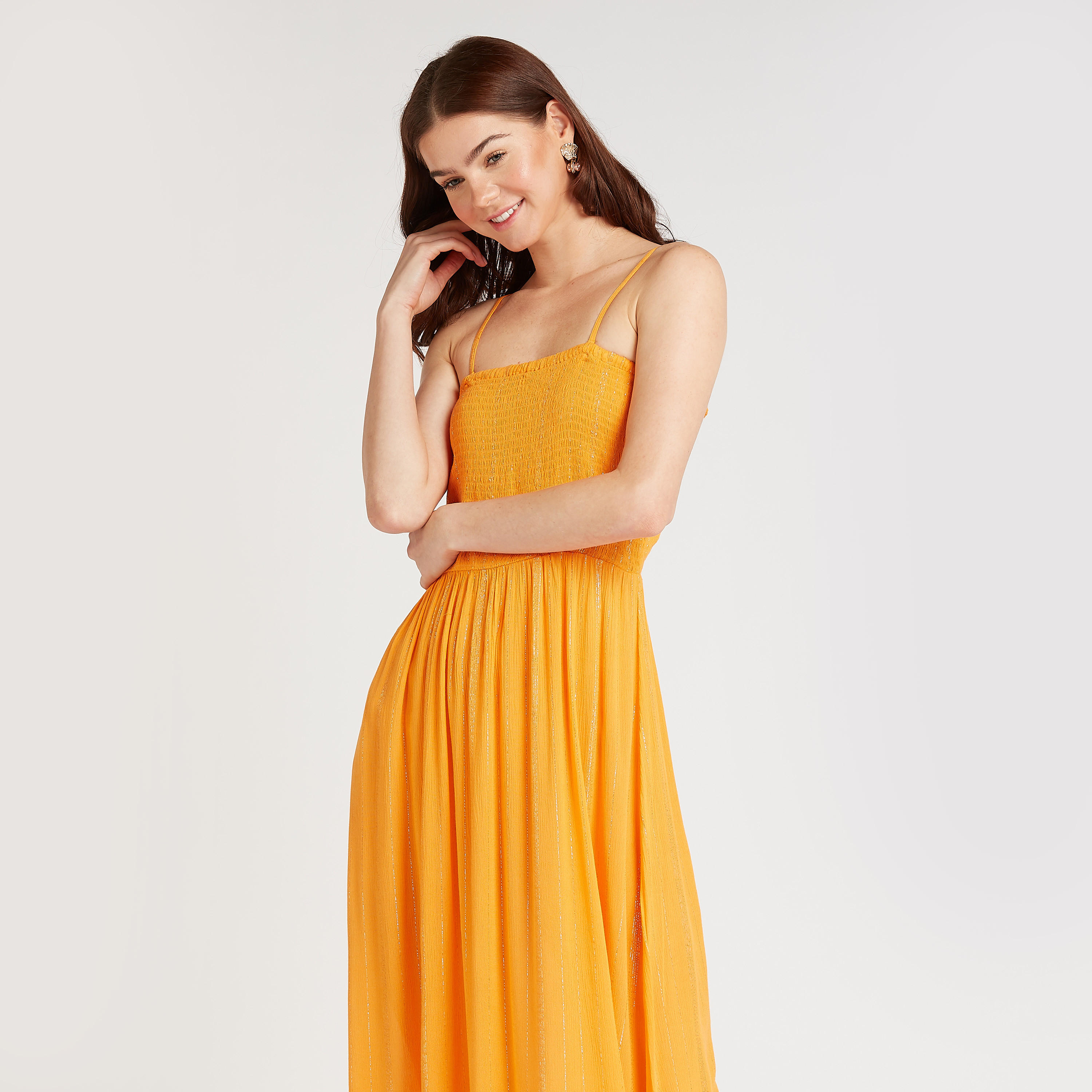 Textured Midi Dress with Spaghetti Straps and Smocking Detail-women-clothing-swimandbeach-beachwear-image-2