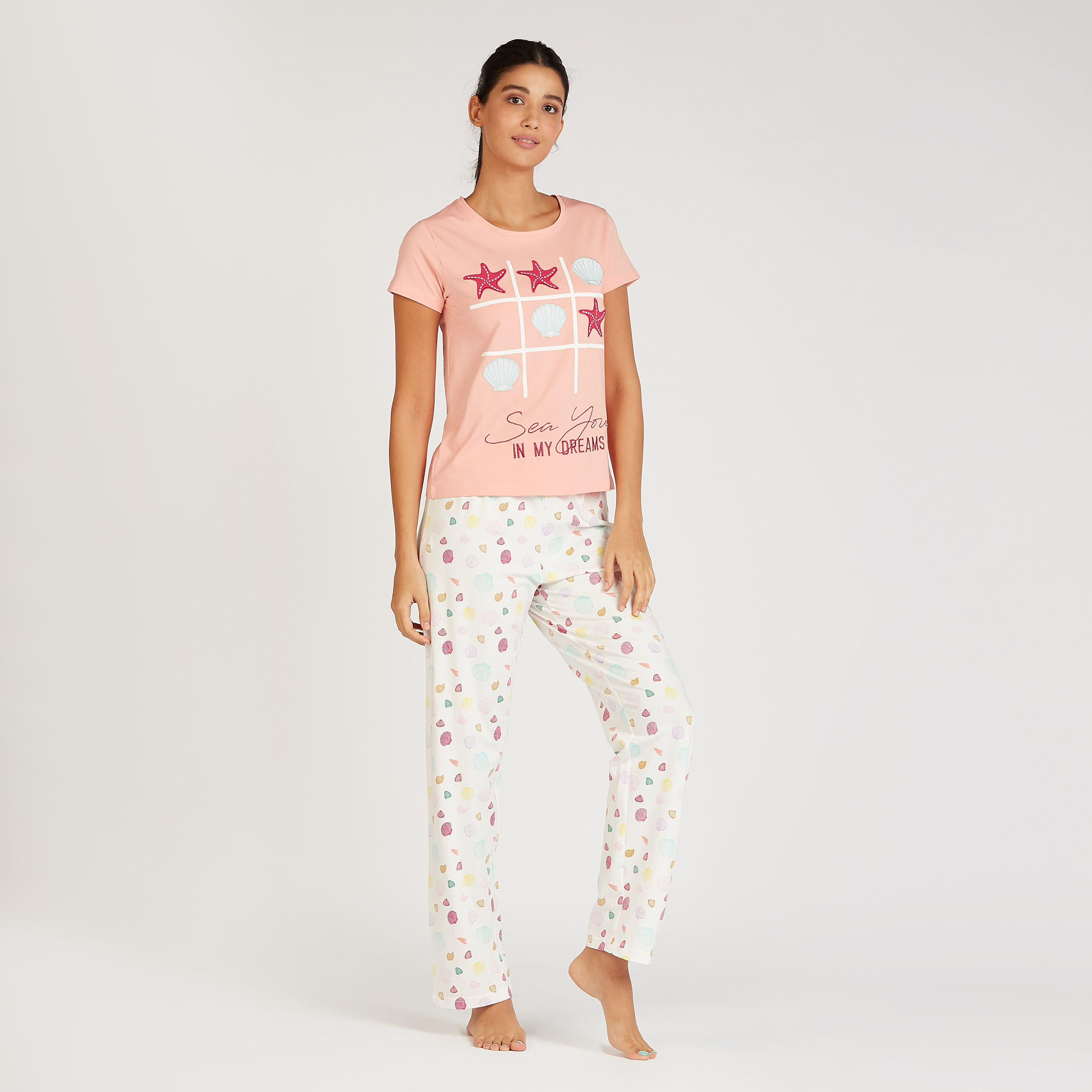 Printed Crew Neck T-shirt and Full Length Pyjama Set-women-clothing-nightwear-pyjamas-longsets-image-1