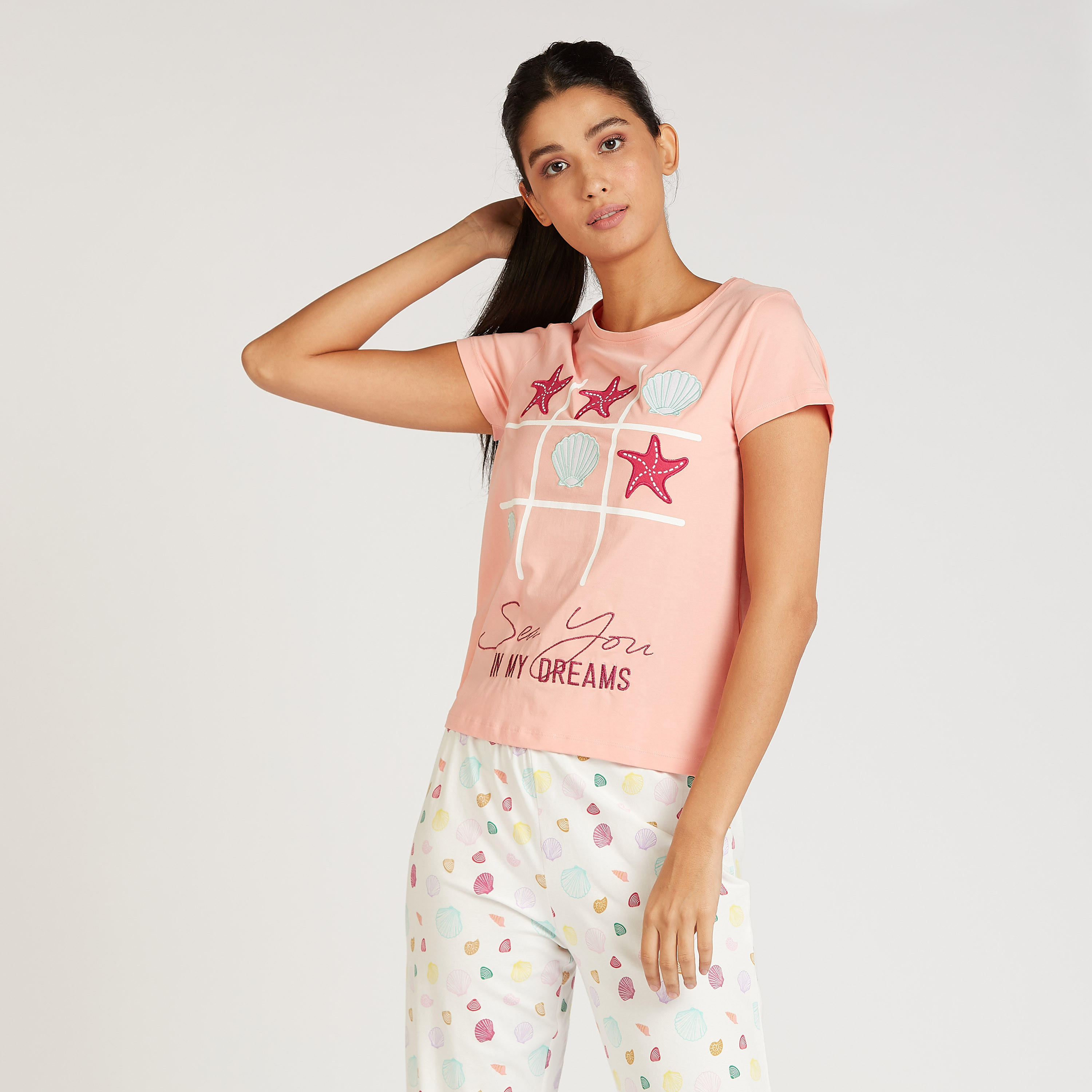 Printed Crew Neck T-shirt and Full Length Pyjama Set-women-clothing-nightwear-pyjamas-longsets-image-3