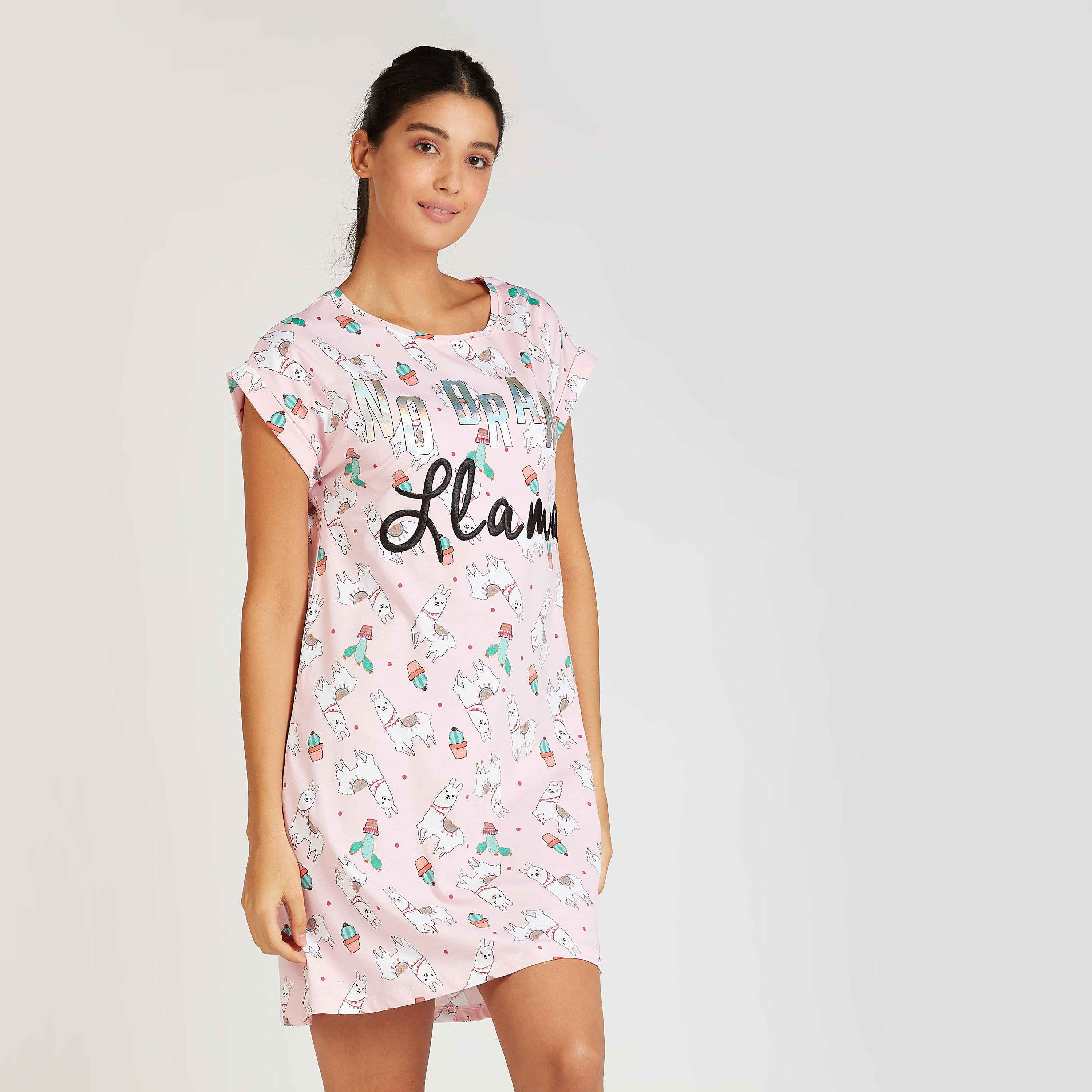 Sustainable Printed Sleep Dress with Round Neck and Cap Sleeves-women-clothing-nightwear-nighties-image-1